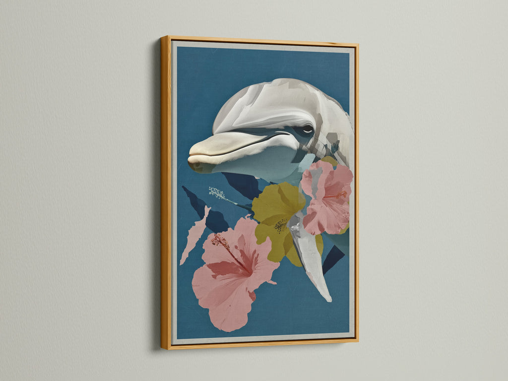 Whale botanical art print in a gold frame. This nautical wall decor is perfect for adding a touch of the sea to your home. The whale artwork features a whale and tropical hibiscus flowers. Coastal style.