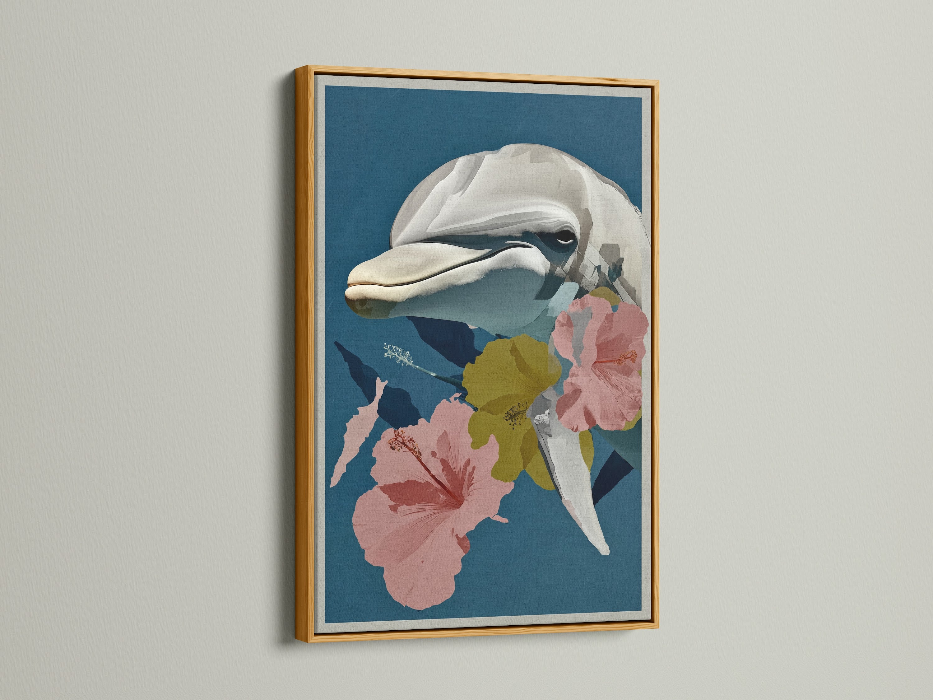 Whale botanical art print in a gold frame. This nautical wall decor is perfect for adding a touch of the sea to your home. The whale artwork features a whale and tropical hibiscus flowers. Coastal style.
