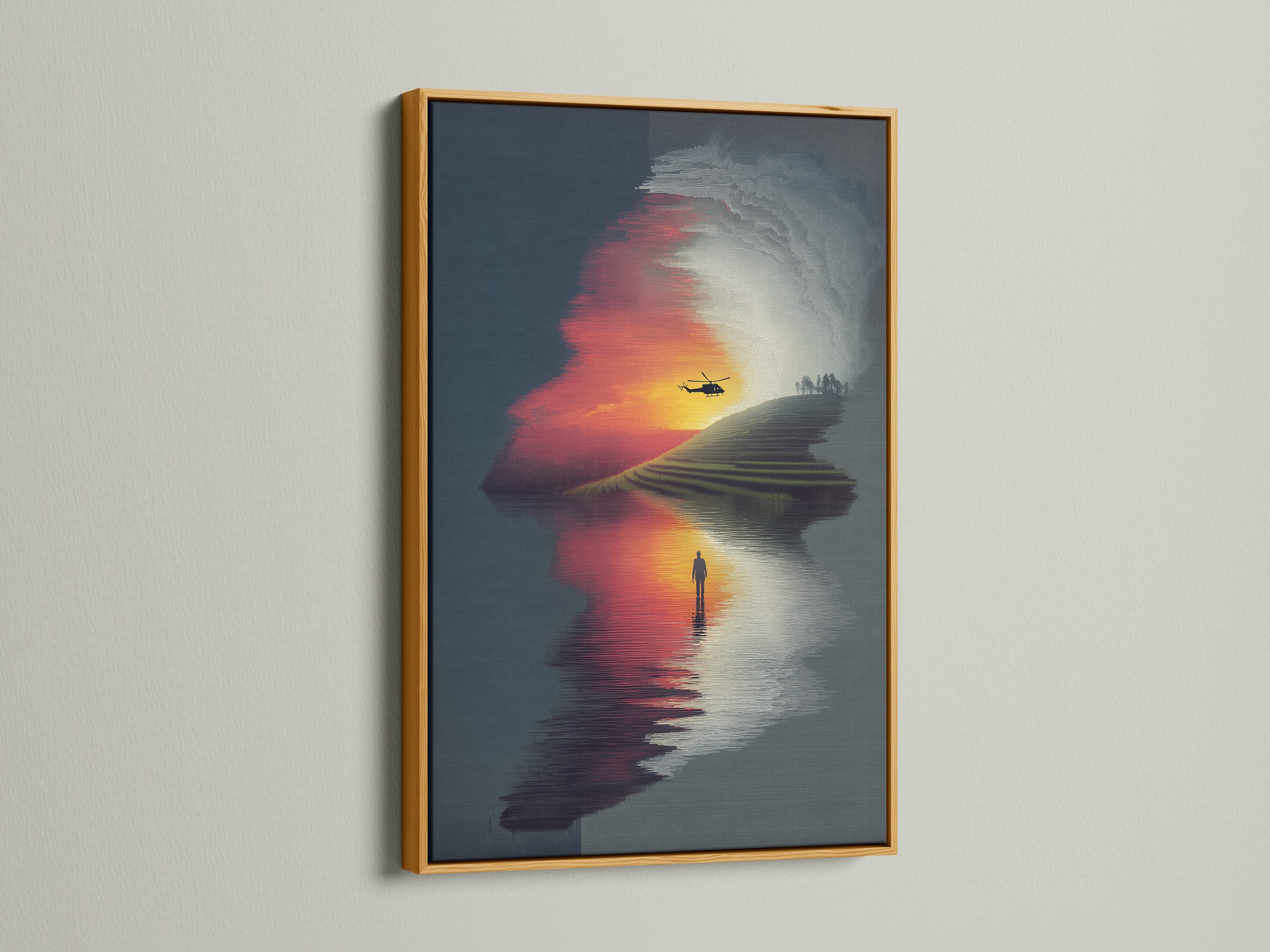 The gold frame accentuates this surreal landscape art with a sunset reflection. This fine art print adds a touch of luxury. This modern wall decor is perfect for elevating your home or office. This unique artwork is ideal for minimalist or industrial styles