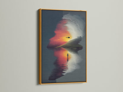 The gold frame accentuates this surreal landscape art with a sunset reflection. This fine art print adds a touch of luxury. This modern wall decor is perfect for elevating your home or office. This unique artwork is ideal for minimalist or industrial styles