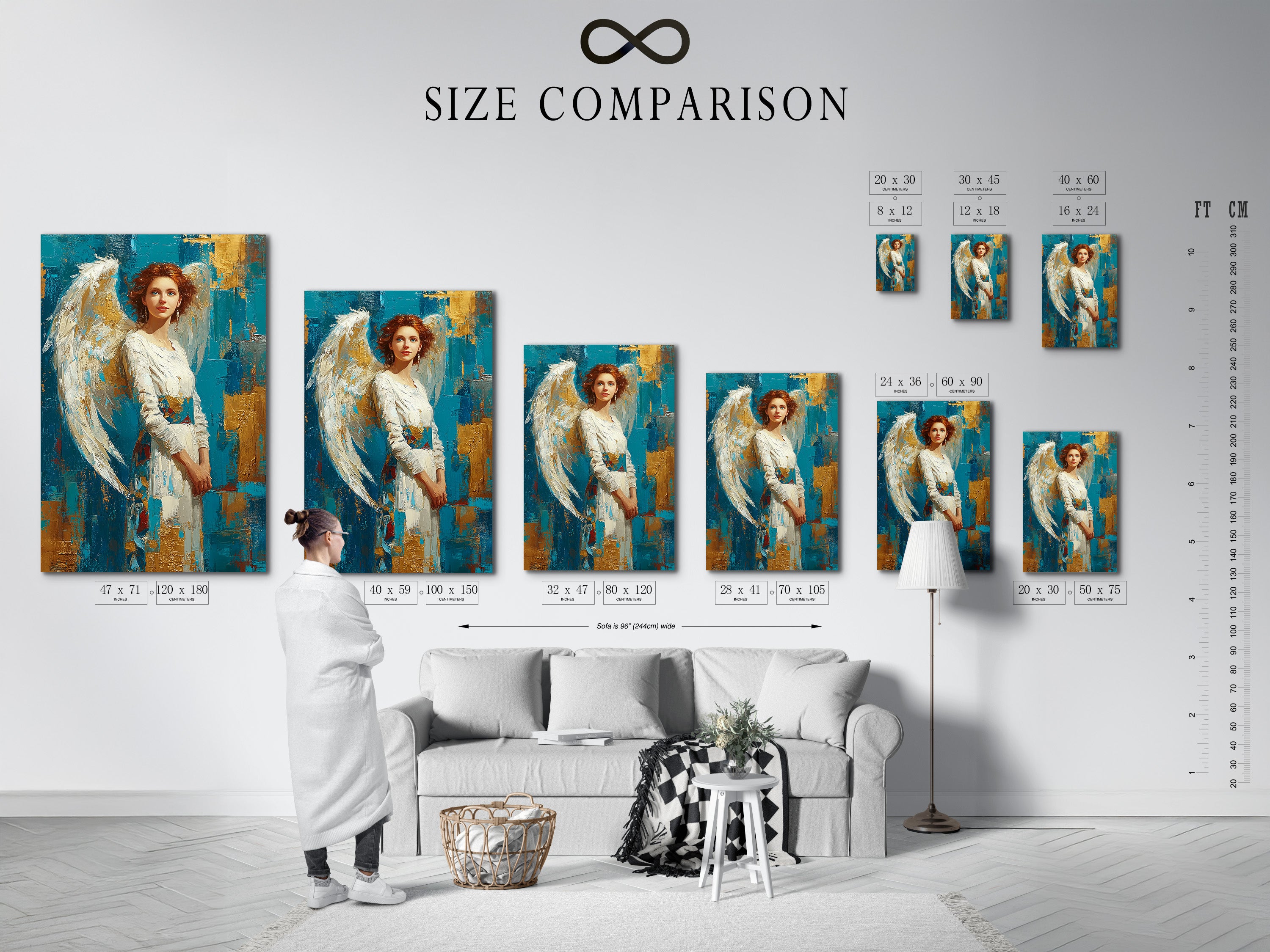 A size comparison chart is shown in an interior setting. This chart helps visualize the different sizes of art prints. Use our size comparison chart to find the perfect fit for your space. Plan your art display with confidence.
