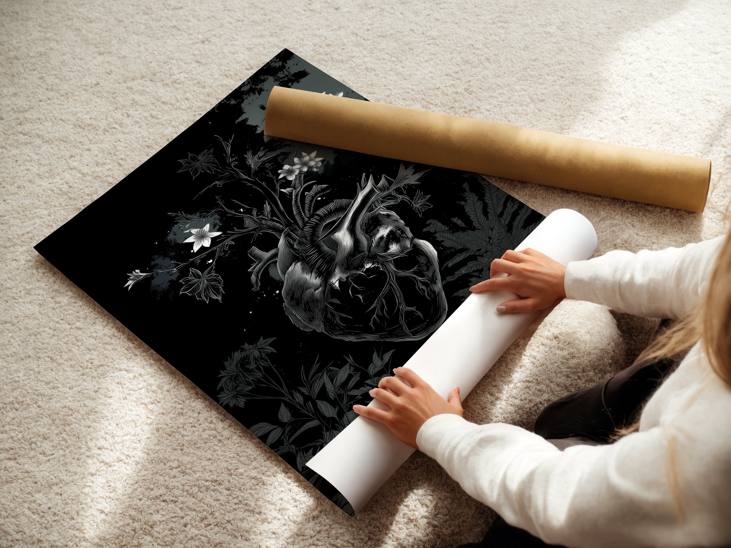A woman carefully rolling a fine art poster paper. The poster paper is of high quality. She is ensuring the art arrives in pristine condition. This highlights the care and attention to detail in handling fine art prints.