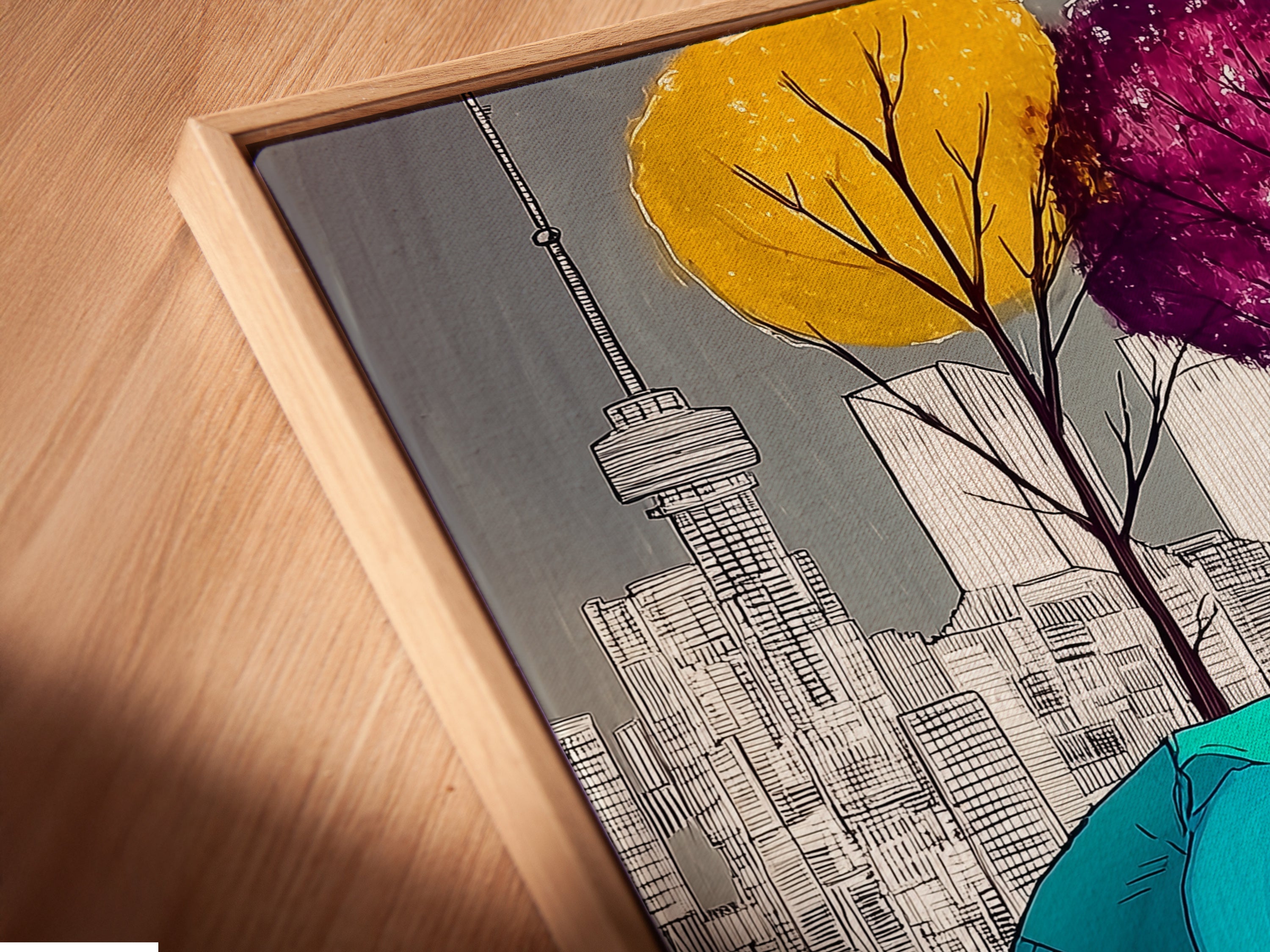A close-up angled view highlights the City Gardener Canvas Print in a floating frame. The modern artwork appears to float adding depth. This cityscape art is perfect for modern wall decor. Notice the colorful trees in an urban landscape. Elevate your space with this unique piece.