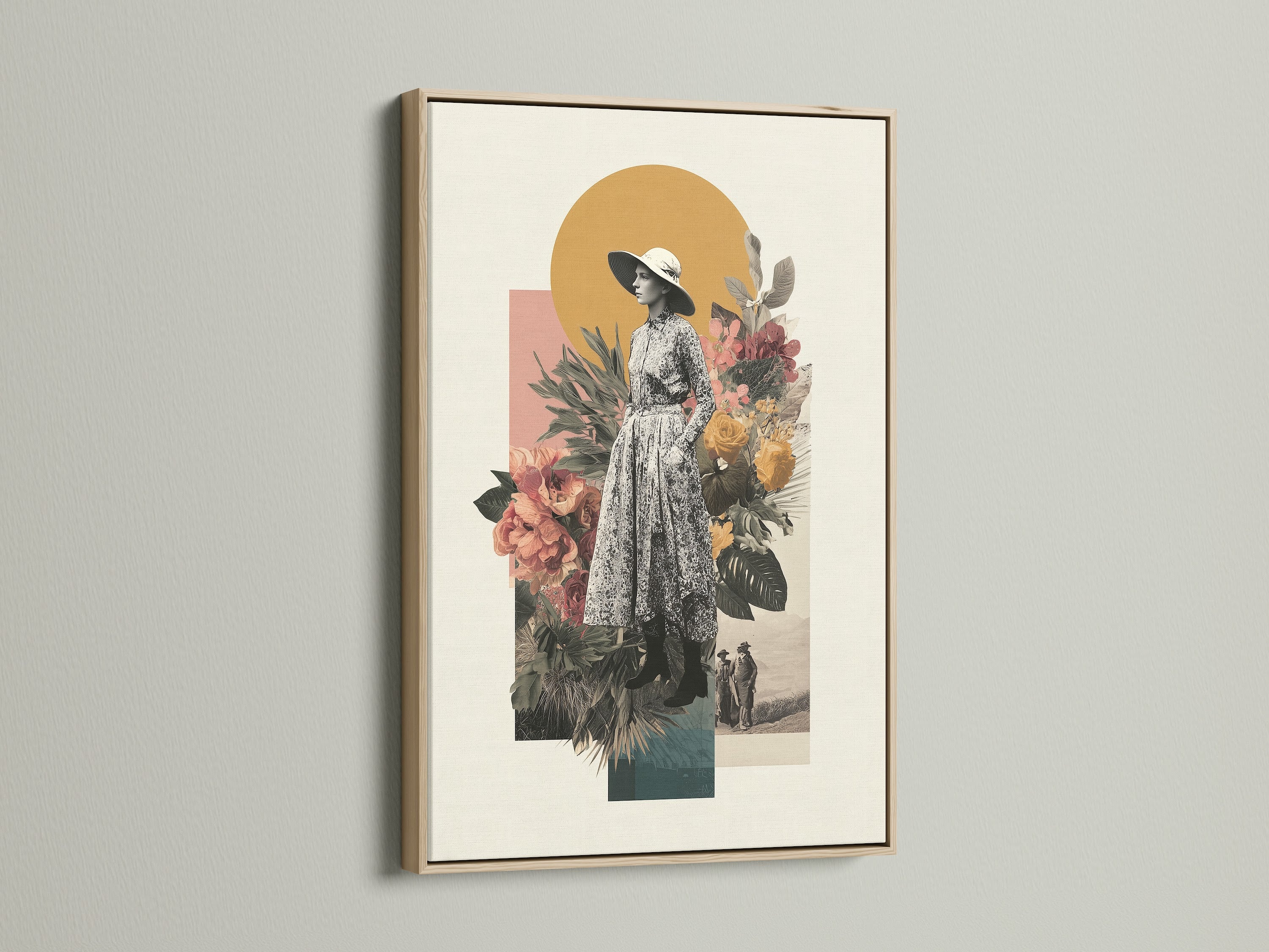 Boho woman botanical artwork in an oak frame. This retro fashion canvas print features a vintage collage of a woman and flowers. Enhance your living room wall art with this unique piece. It's ideal for eclectic and modern aesthetics. The oak frame adds a natural touch.