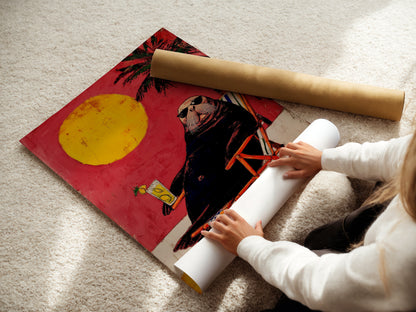 A woman is carefully rolling a fine art poster paper. The Walrus Beach artwork is ready for display. This retro animal print is perfect for homeowners. It adds quirky office art to any space. Enjoy this vintage poster art.