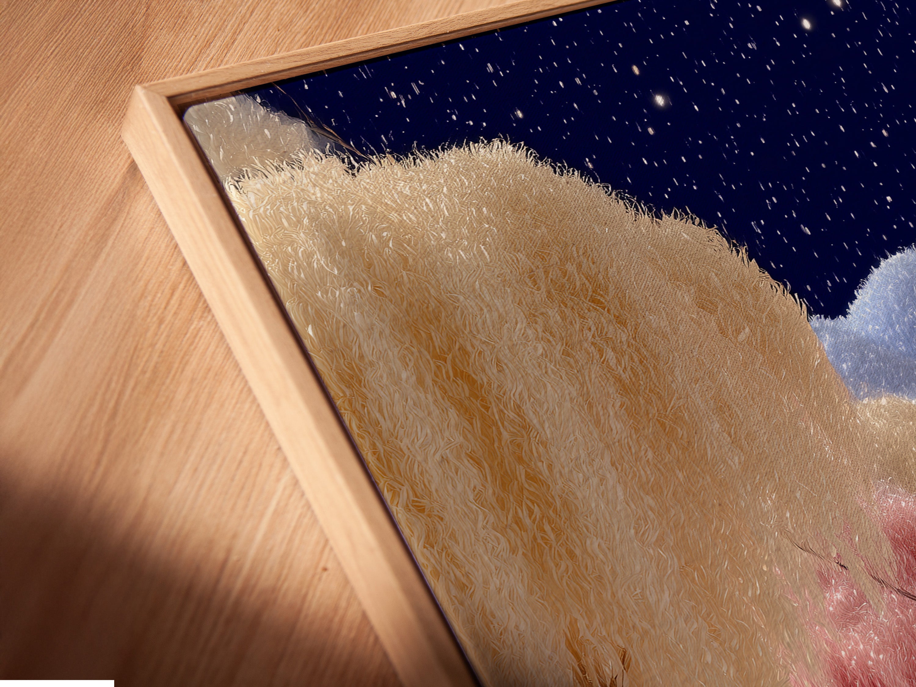 A close-up of a canvas print in a floating frame. This dreamy wall art features a pastel sky.  The floating frame enhances the art. Perfect for adding a whimsical touch to your home.