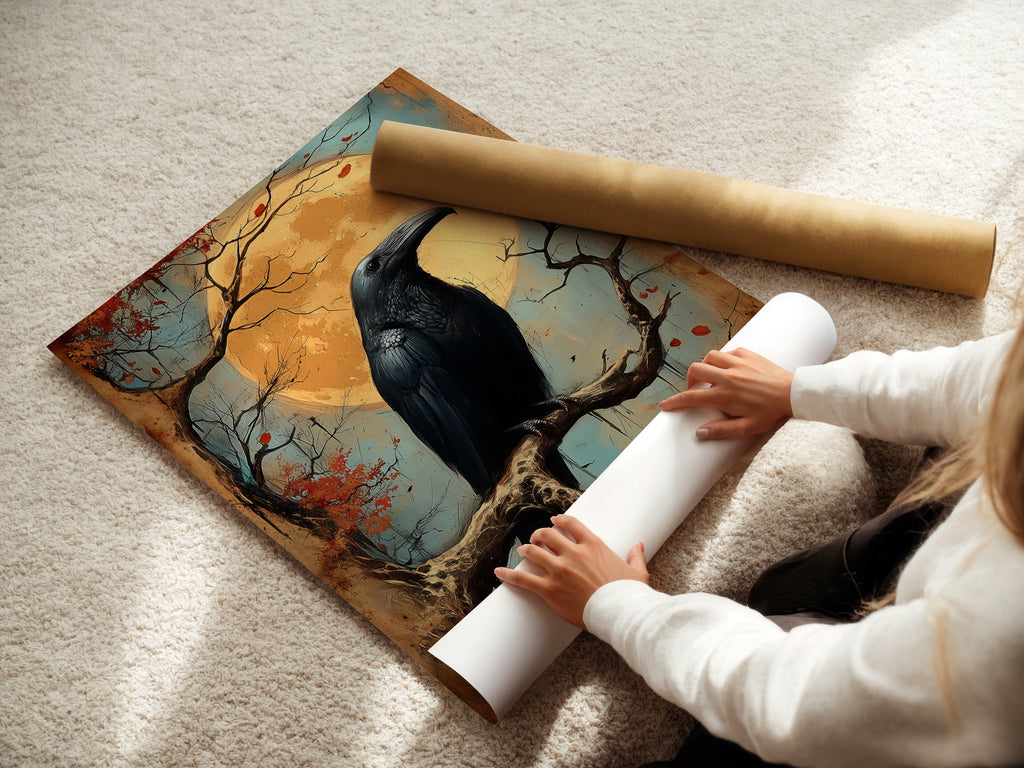 A woman rolling a fine art poster paper. The poster features raven artwork. Fine art poster paper provides a high-quality print. This gothic bird canvas is ready to be framed. Perfect for study room art and dark academia decor.