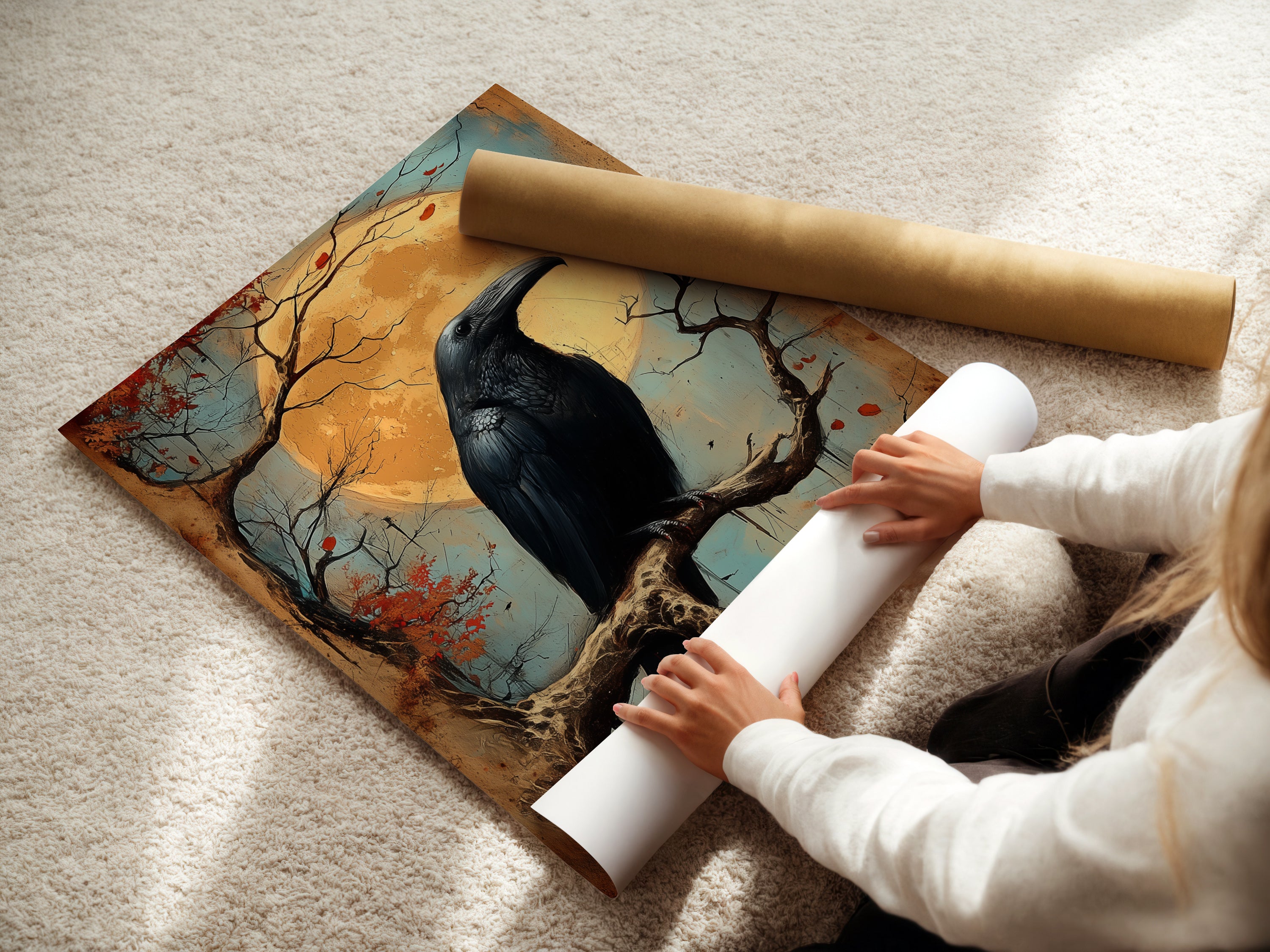 A woman rolling a fine art poster paper. The poster features raven artwork. Fine art poster paper provides a high-quality print. This gothic bird canvas is ready to be framed. Perfect for study room art and dark academia decor.