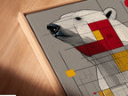A close-up angled view of a canvas print. The print is displayed in a floating frame. The artwork features a polar bear. The polar bear art is made up of squares and lines. The floating frame enhances the artwork's visual appeal.