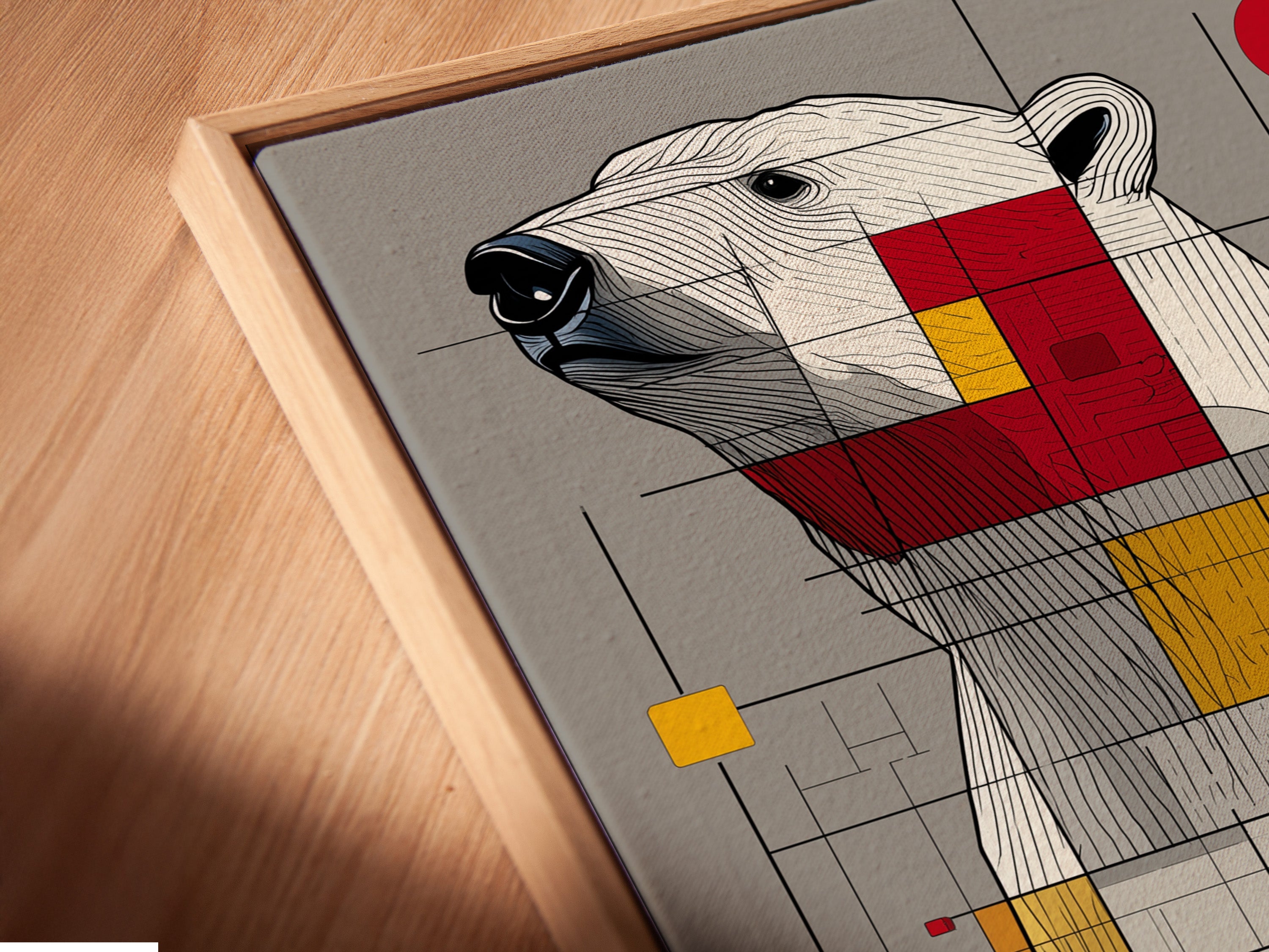 A close-up angled view of a canvas print. The print is displayed in a floating frame. The artwork features a polar bear. The polar bear art is made up of squares and lines. The floating frame enhances the artwork's visual appeal.