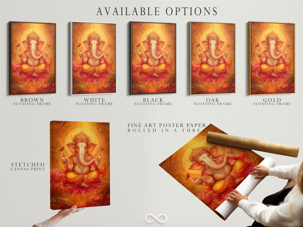 Explore available options for Ganesha artwork. Choose from a stretched canvas print fine art poster paper or a floating frame. This Hindu God wall art in golden orange spiritual tones is perfect for meditation rooms or yoga studios.
