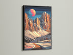 A black frame adds a bold contrast to this mountain moon canvas print. The winter landscape artwork stands out. Peach and teal colors create a modern aesthetic. Ideal for adding sophistication to your living space. Discover the beauty of alpine artwork.