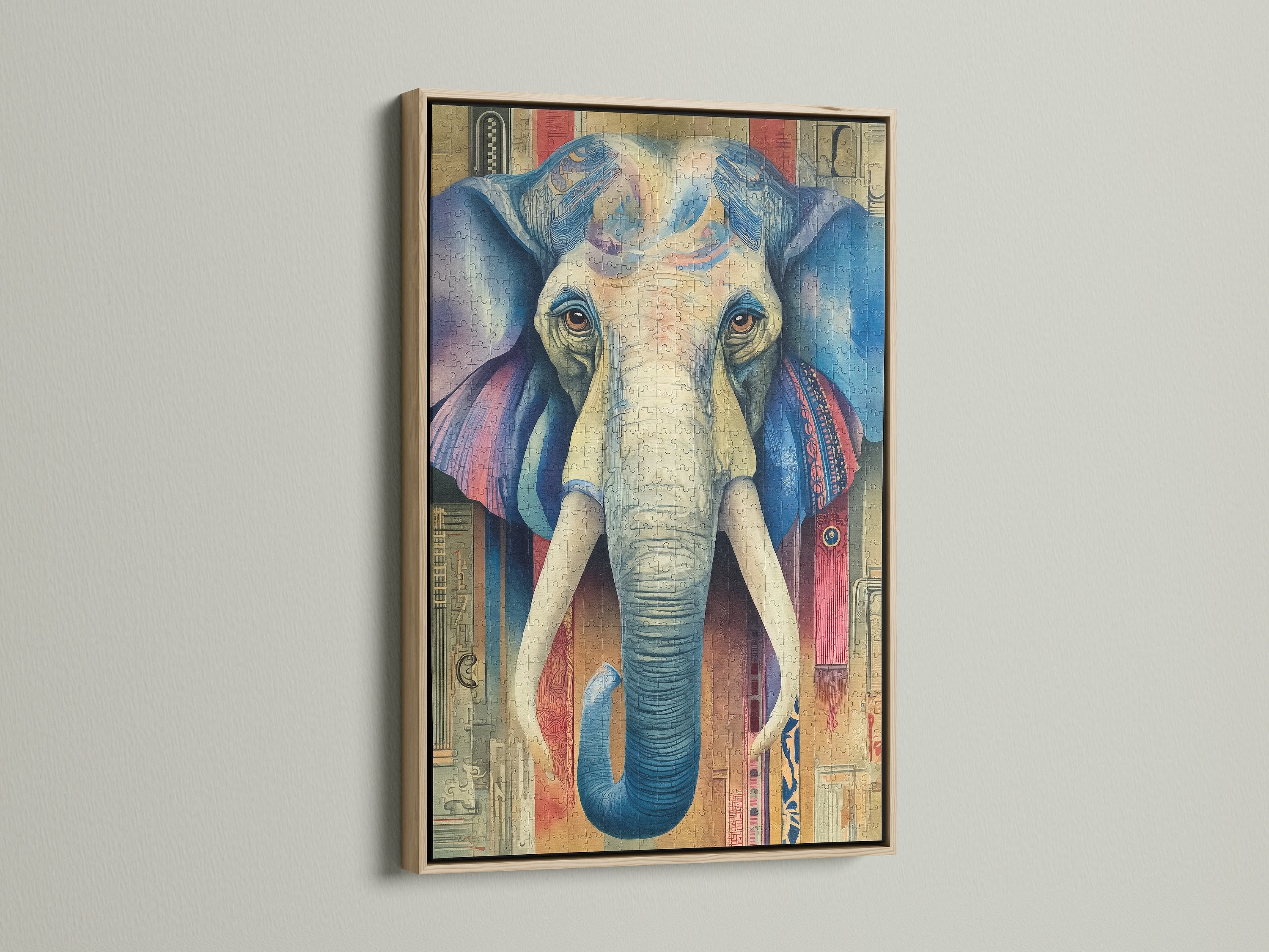A striking elephant art print is showcased in a light oak frame. The frame enhances its bohemian style. This artwork is perfect for adding a vintage touch to your space. Its vibrant colors and intricate details create a captivating focal point. Ideal for homeowners seeking eclectic wall decor. This animal print is a great addition to any room.