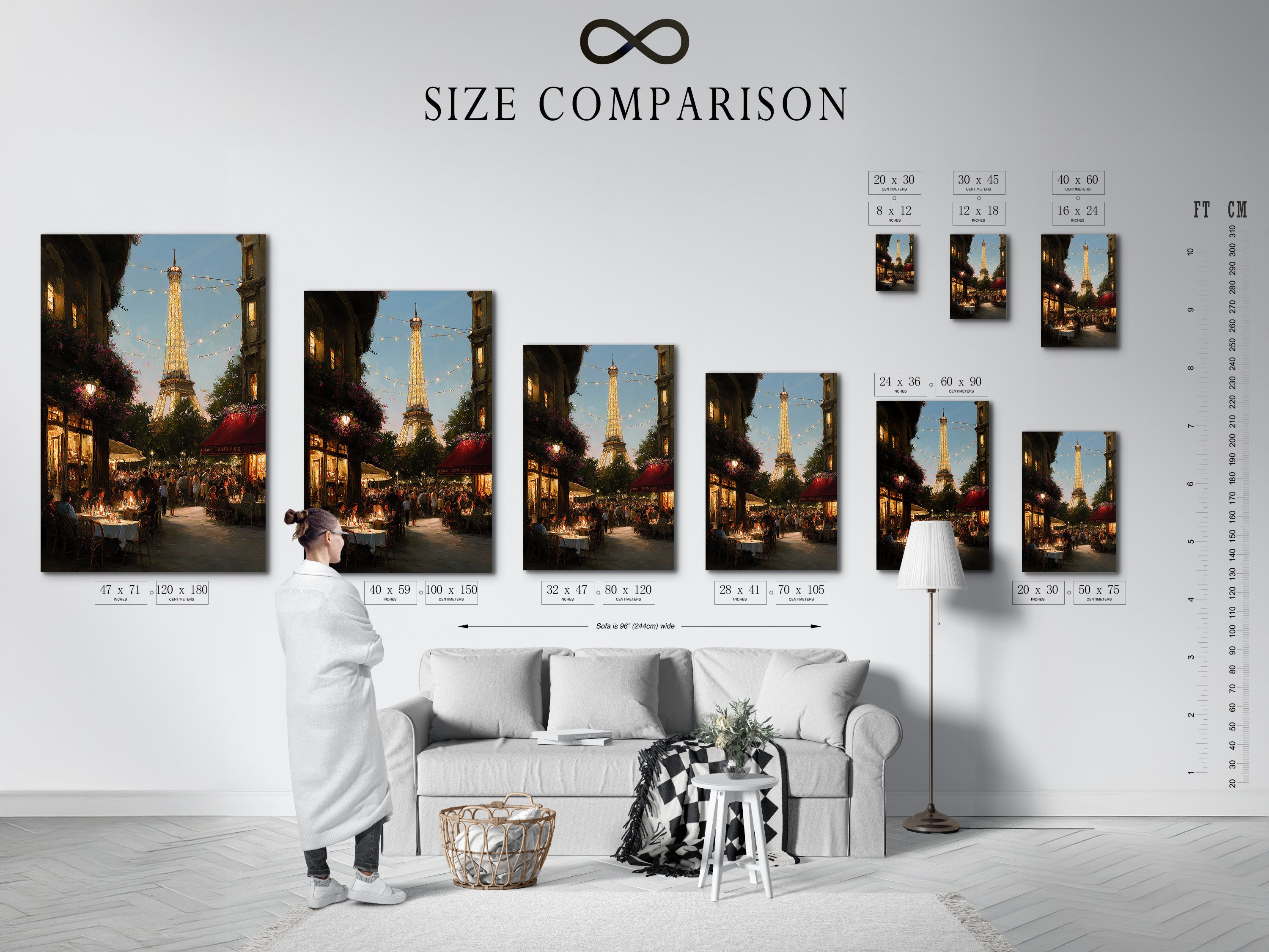 A size comparison chart is displayed in an interior setting. This chart helps visualize different artwork sizes in a room. It ensures you choose the perfect dimensions for your space. Use our size chart to plan your art arrangement.