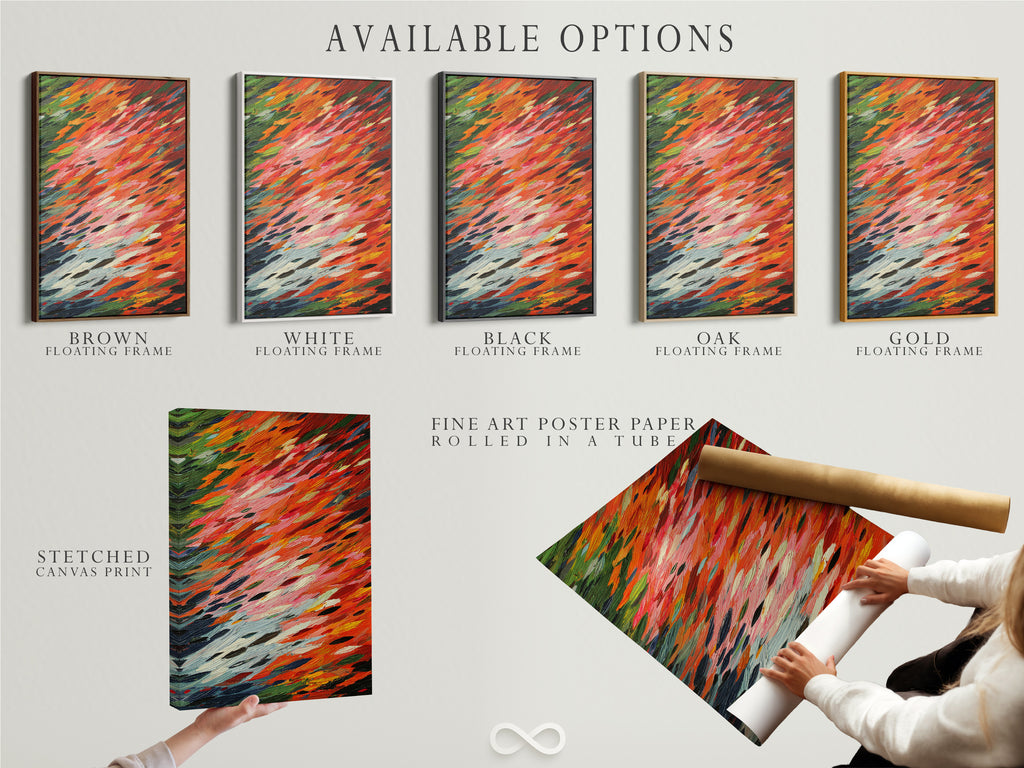 Available options are showcased including a stretched canvas print fine art poster paper and a floating frame. Customers can choose the perfect format for their abstract brushstroke artwork. These options cater to diverse tastes in modern home art.