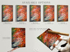 Available options are showcased including a stretched canvas print fine art poster paper and a floating frame. Customers can choose the perfect format for their abstract brushstroke artwork. These options cater to diverse tastes in modern home art.