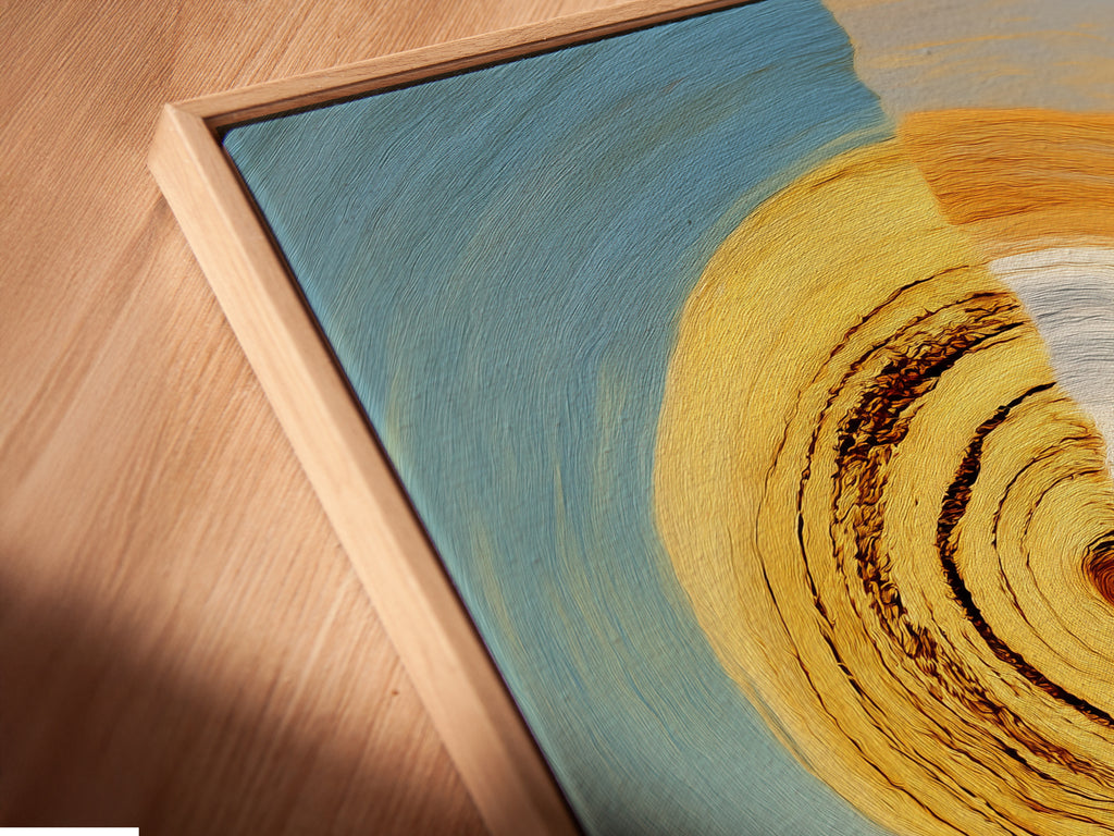 An angled close up reveals the texture of a canvas print in a floating frame. The floating frame gives the artwork a gallery like appearance. This unique framing style enhances the abstract landscape. This is a modern way to display nature inspired art in your home.
