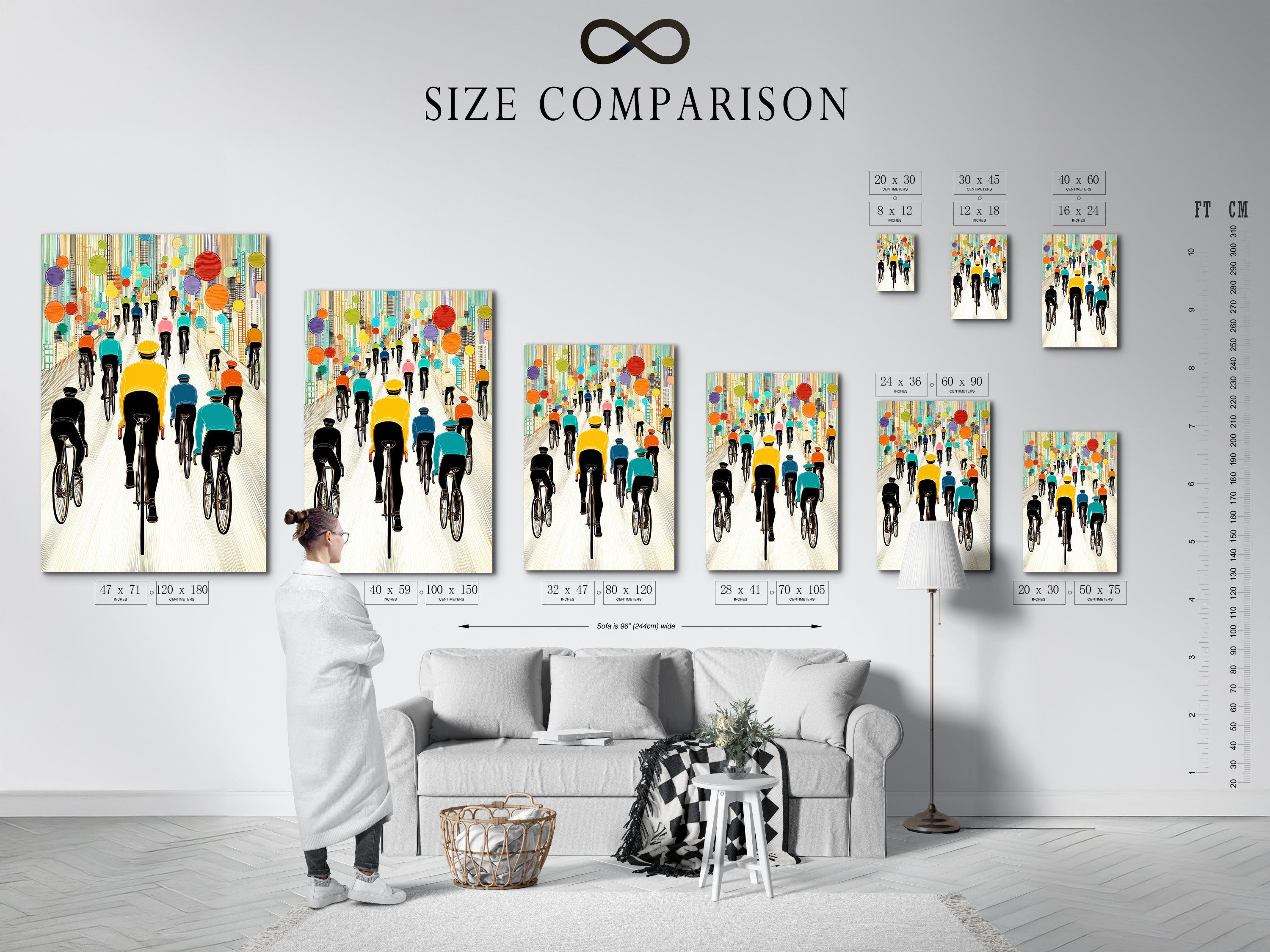 Size comparison chart in an interior setting. Showing various sizes of the Bicycle Race art. Visualize how this canvas print will fit in your space. Find the perfect size for your wall art needs.