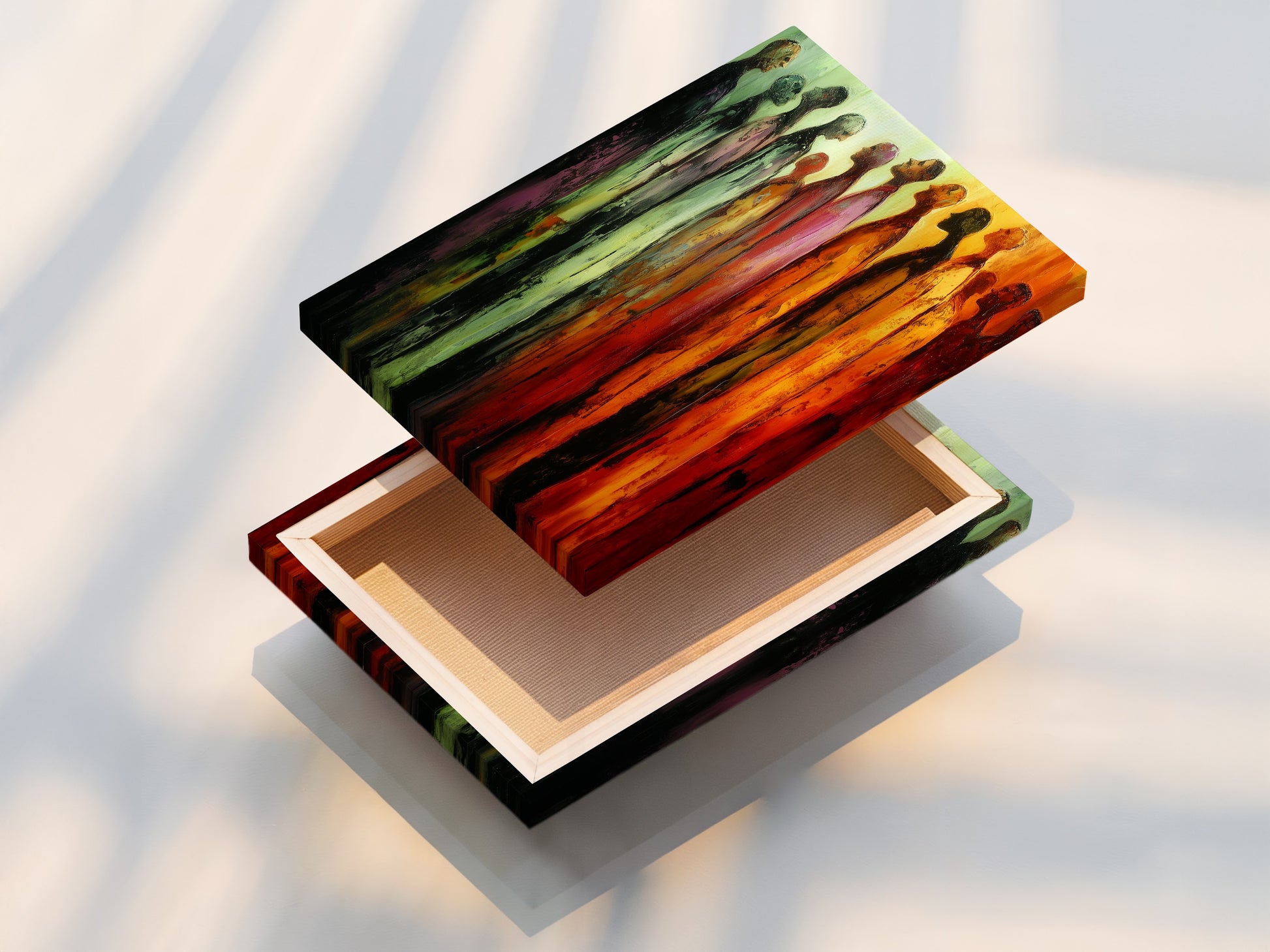 A stretched canvas print of the figures artwork. This warm toned abstract piece is ready to hang. The people canvas adds a modern touch to any room. This contemporary print is perfect for gallery wall art. Elevate your home decor today.