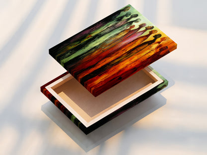 A stretched canvas print of the figures artwork. This warm toned abstract piece is ready to hang. The people canvas adds a modern touch to any room. This contemporary print is perfect for gallery wall art. Elevate your home decor today.