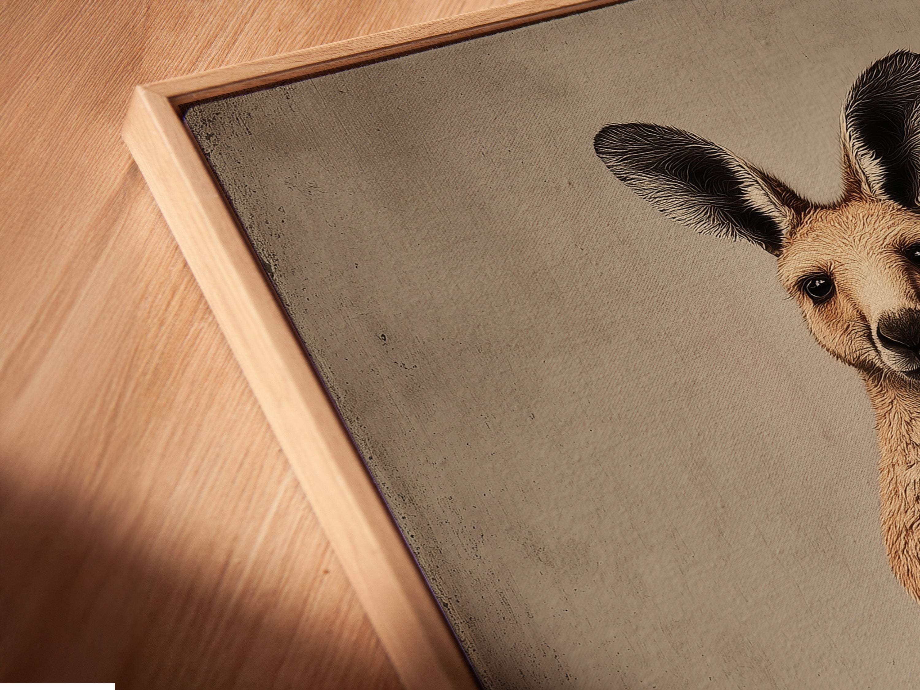 A close-up of a canvas print in a floating frame. The artwork features a kangaroo family. This unique framing style adds depth and elegance. Ideal for elevating nursery or family room decor.