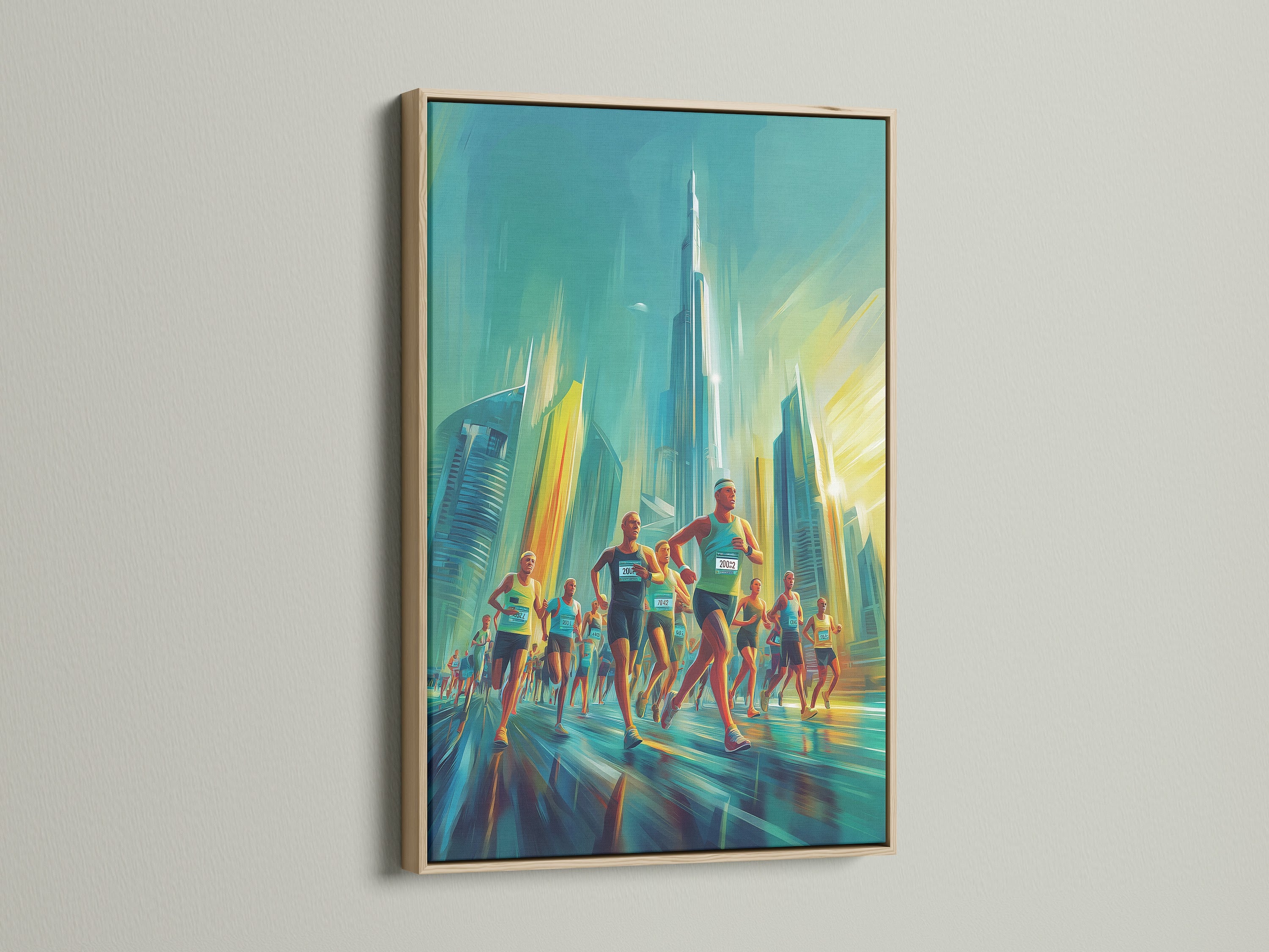 Artwork featuring a marathon race with skyscrapers. The art is framed in oak. The oak frame adds a touch of natural elegance. This framed artwork enhances any room's ambiance. Purchase this oak framed artwork today