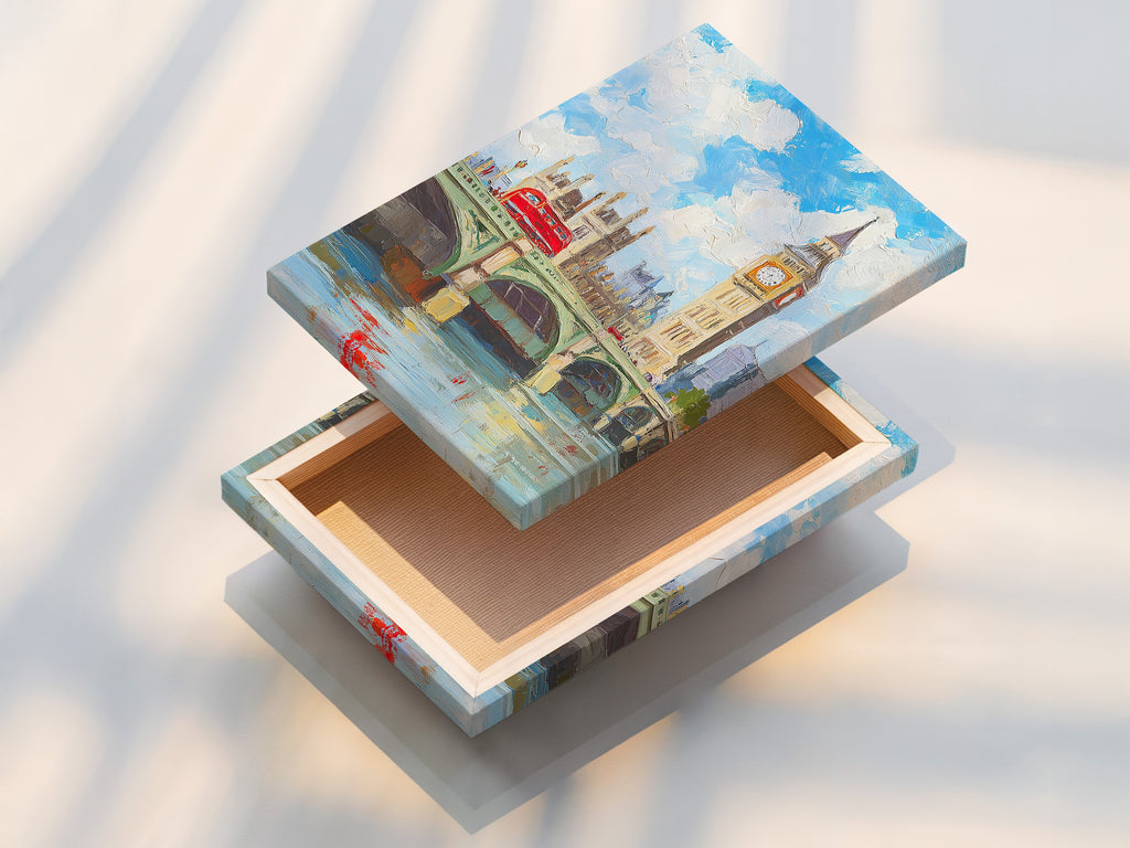 A stretched canvas print of London's Big Ben. This British cityscape artwork is ready to hang. The canvas print brings Westminster Bridge to life. Transform your space with this stunning London artwork.