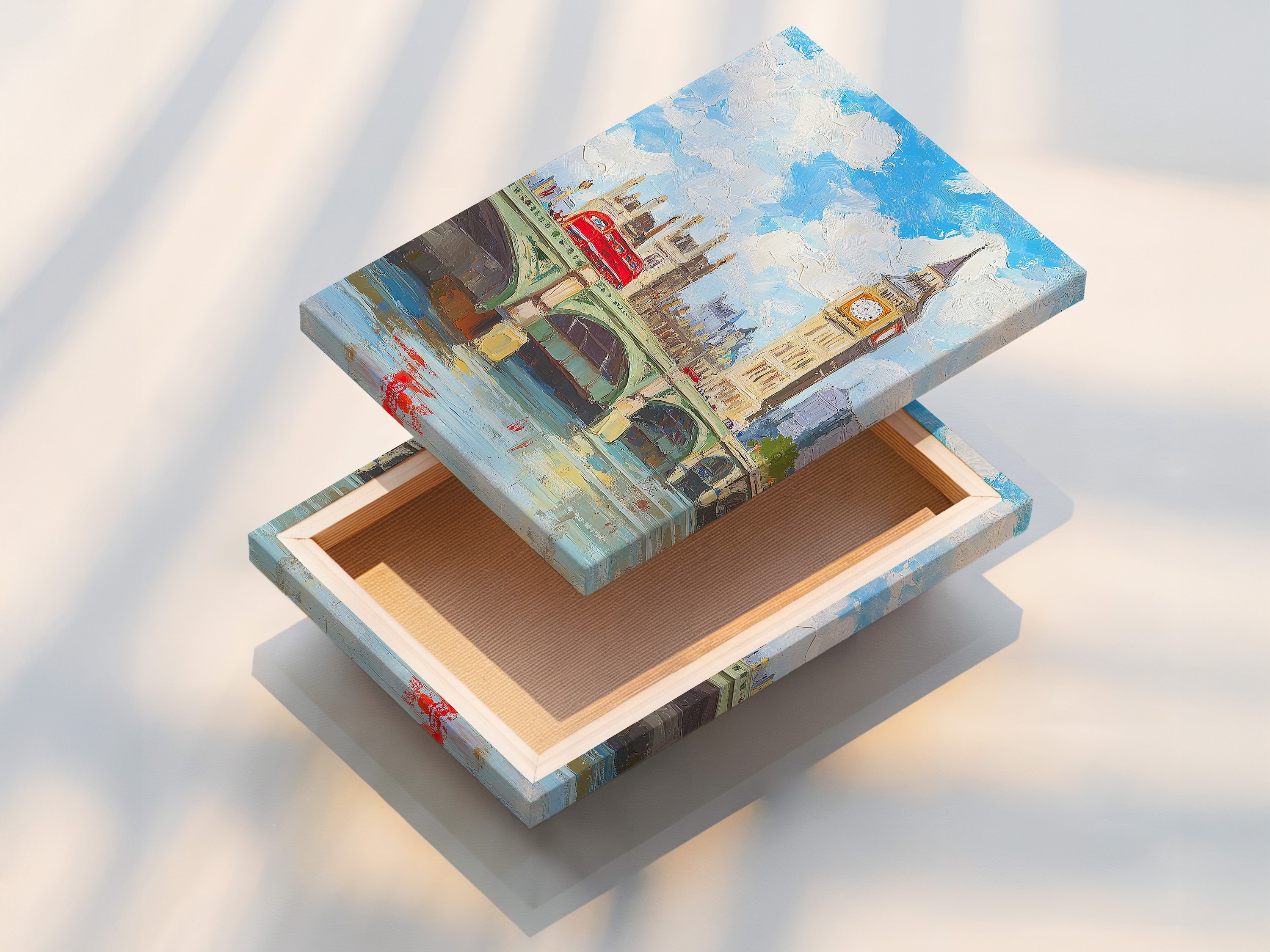 A stretched canvas print of London's Big Ben. This British cityscape artwork is ready to hang. The canvas print brings Westminster Bridge to life. Transform your space with this stunning London artwork.