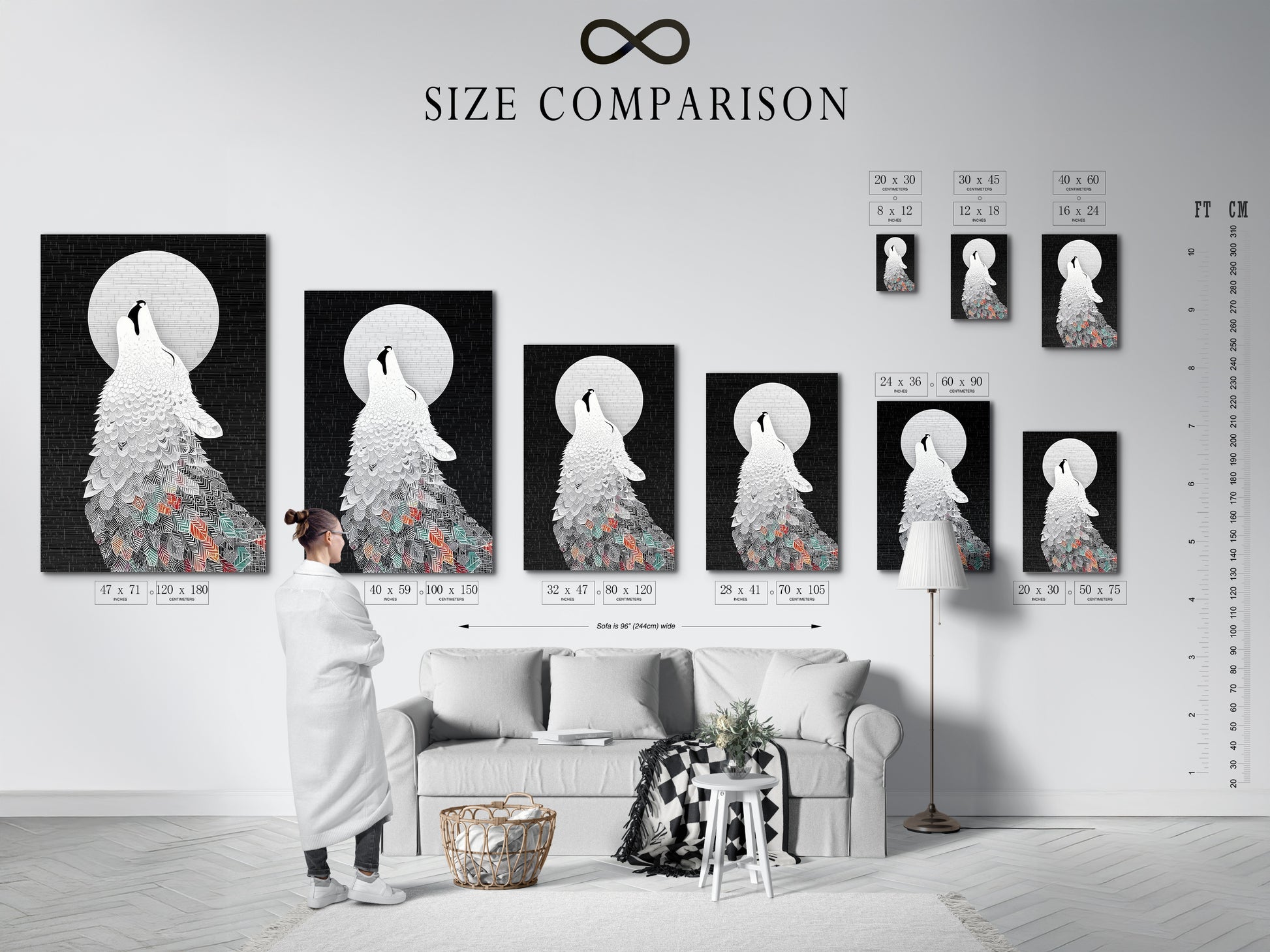 A size comparison chart is set in an interior. This helps visualize the artwork in different dimensions. The wolf and moon canvas print is available in various sizes. Find the perfect fit for your space. The chart showcases how this animal wall art complements your room.