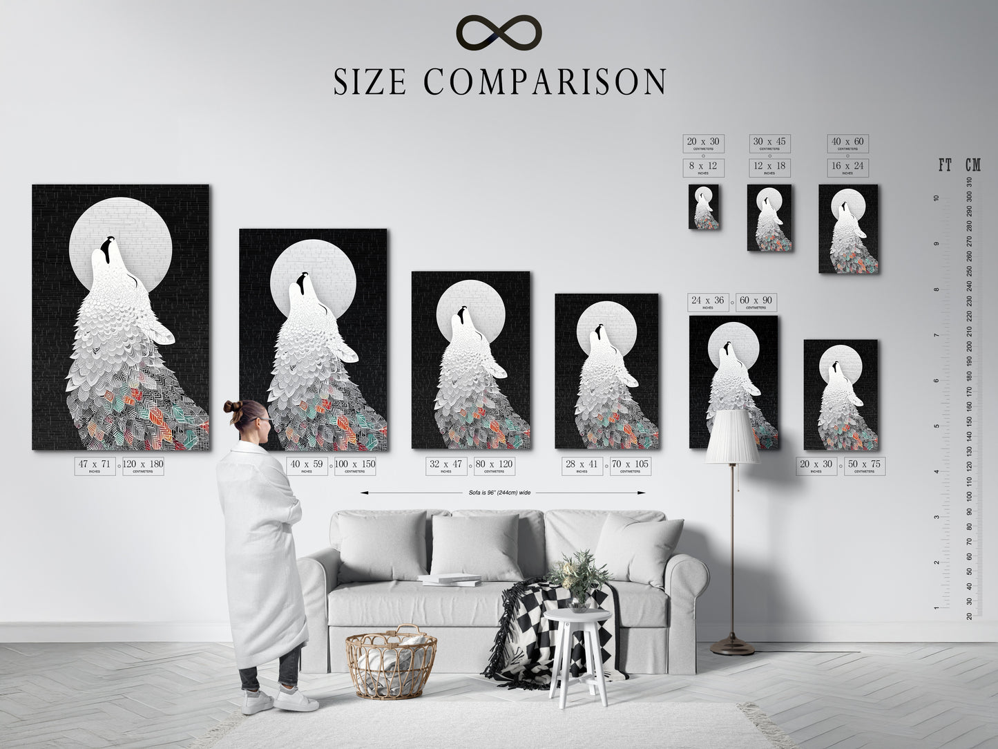 See the size comparison chart in an interior setting. The Wolf Howling at Moon canvas is shown. This modern artwork fits any space. The abstract animal design adds a unique touch. Black and white art enhances your decor. Perfect for a contemporary home or office.