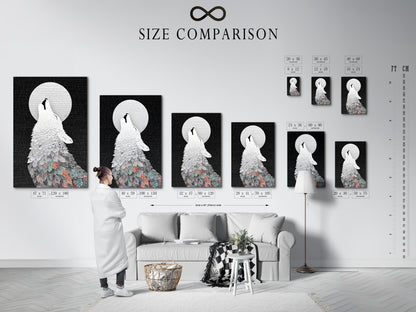 The size comparison chart showcases the Wolf Howling at the Moon art print in an interior setting. Visualize how different sizes fit your wall space. This helps you choose the perfect dimensions for your bedroom art or living room decor. Find the ideal fit for your home.