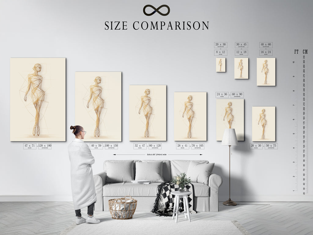 A size comparison chart in an interior setting showcases different sizes of the Ballet Dancer Art Print. Visualize the perfect fit for your space. This minimalist art is ideal for studio wall decor. It enhances any room with its contemporary style.
