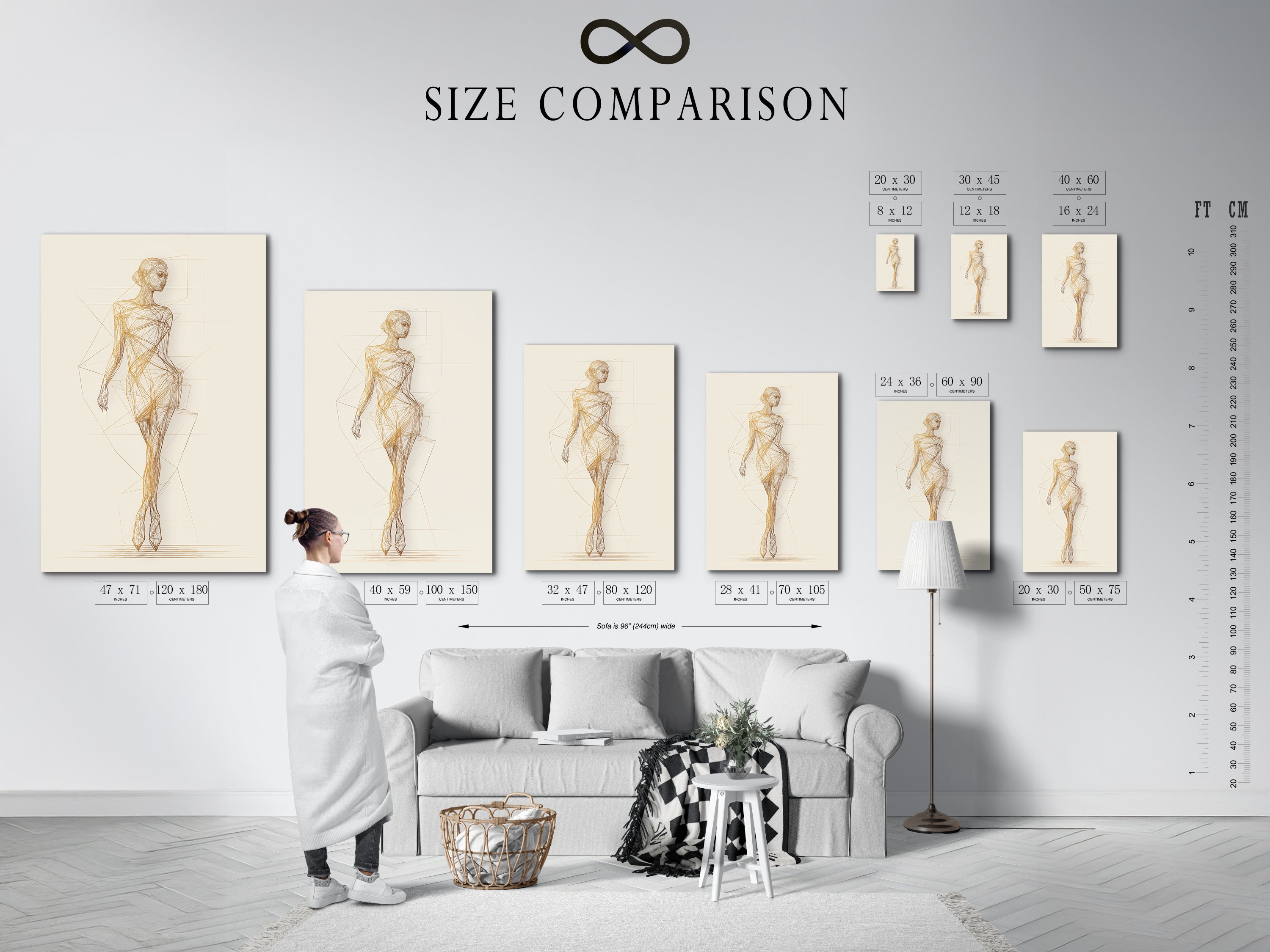 A size comparison chart in an interior setting showcases different sizes of the Ballet Dancer Art Print. Visualize the perfect fit for your space. This minimalist art is ideal for studio wall decor. It enhances any room with its contemporary style.