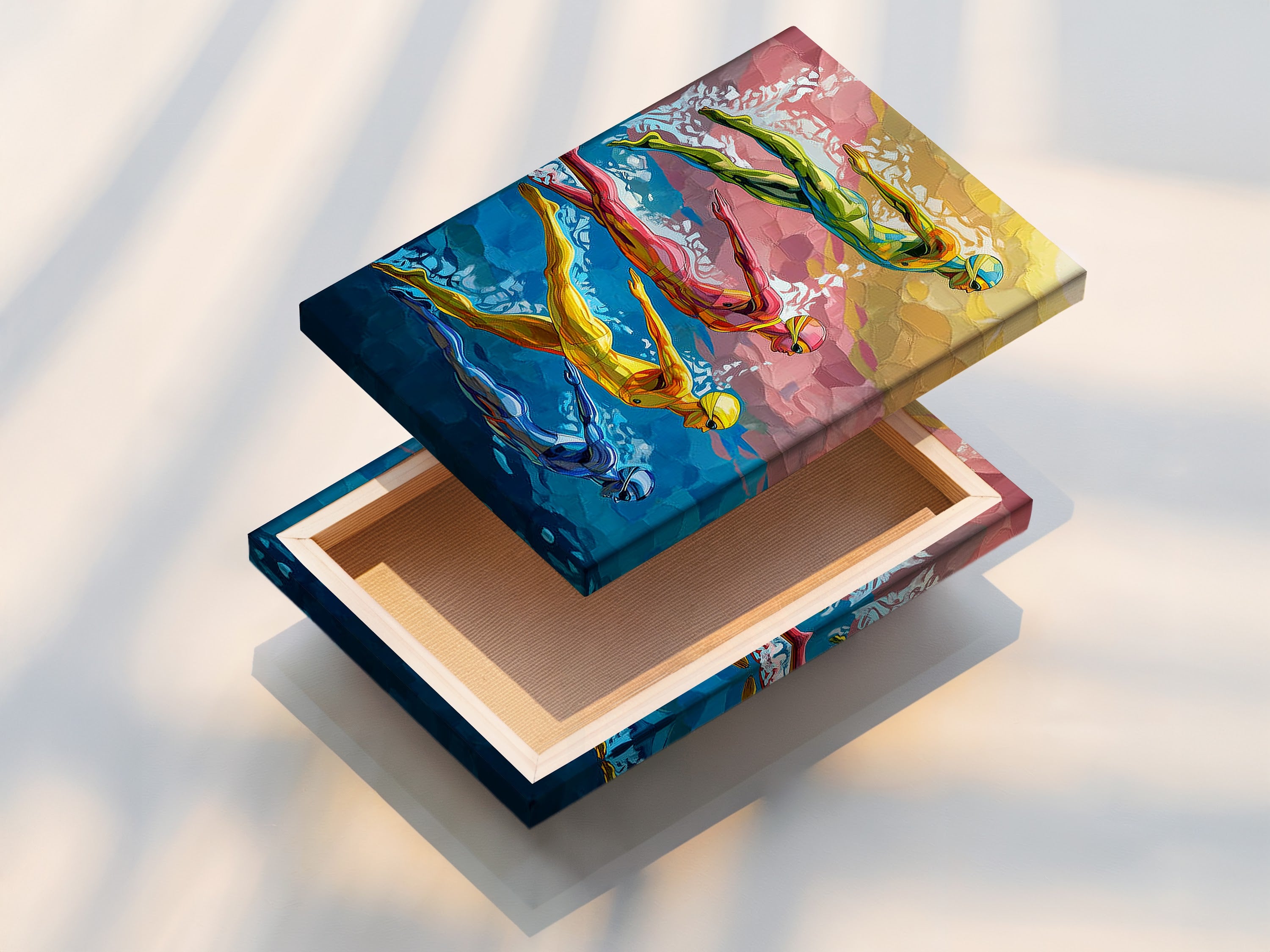 Close up of a stretched canvas print featuring the Swimming Pool Art Print. The canvas texture enhances the colorful swimmers artwork. Ready to hang this sports wall art will transform your space. Elevate your interior with this contemporary art.