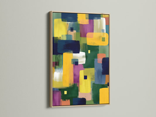 Abstract colorful artwork with a modern geometric pattern. The artwork features brushstroke painting in yellow blue and purple hues. This contemporary artwork is framed in an oak frame. The oak frame adds a touch of natural warmth.