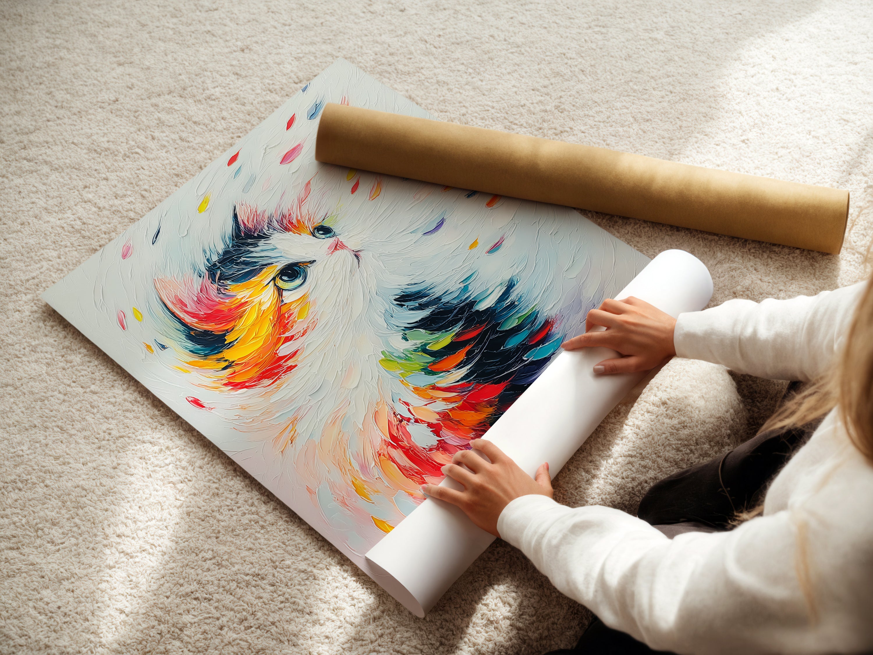 A woman rolls a fine art poster paper featuring a colorful cat artwork. This abstract feline print is ready to be framed and displayed. Ideal for pet owners and art collectors seeking joyful decor. Perfect for nurseries or modern living spaces.