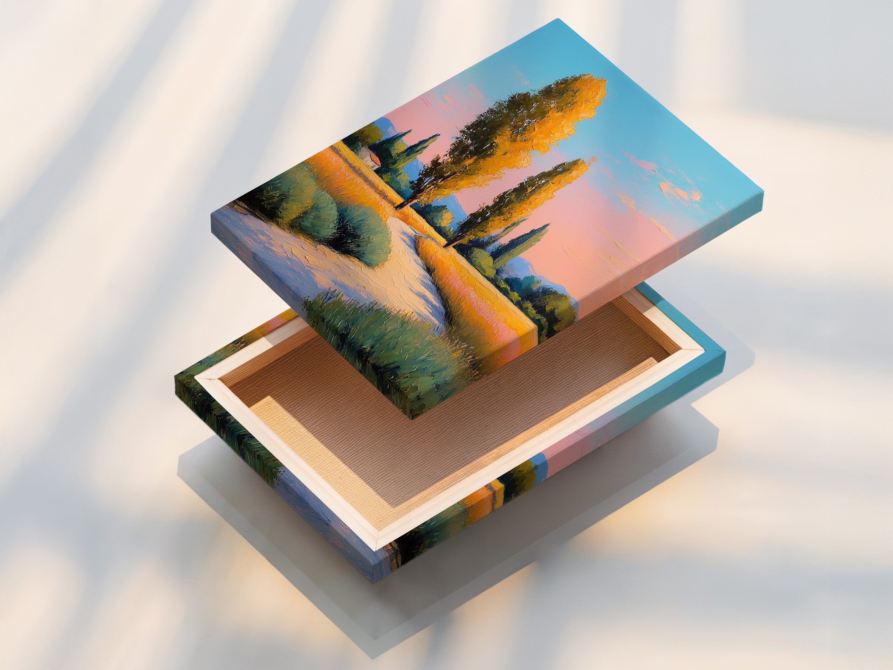 A stretched canvas print showcasing a Tuscany Landscape artwork. The golden poplar trees wall art brings the countryside indoors. This country path print is perfect for creating a cozy atmosphere. A beautiful piece of nature wall art.