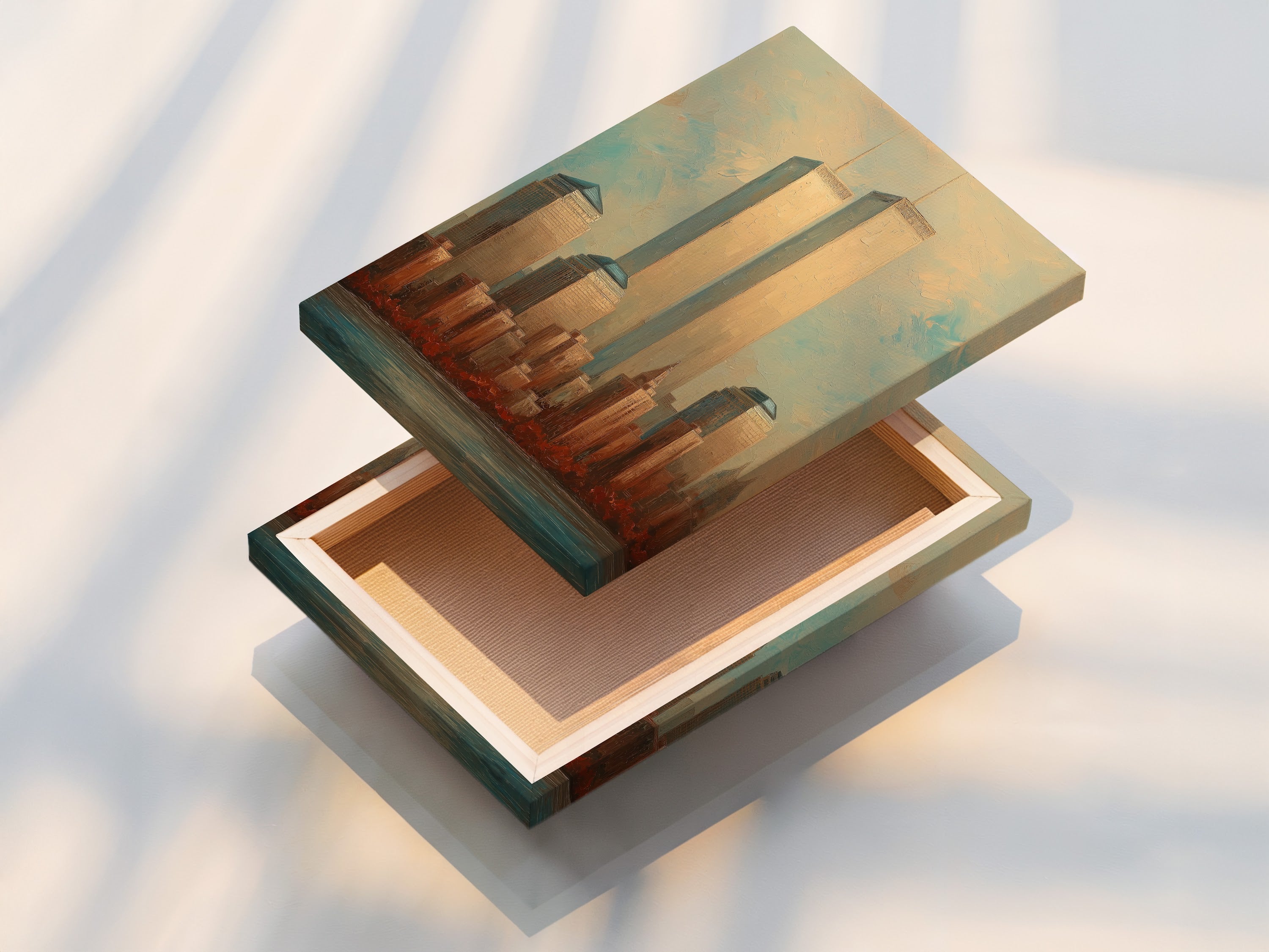 A stretched canvas print showcases the NYC Skyline and Twin Towers. This vintage Manhattan cityscape is ready to hang. The stretched canvas provides a gallery-like feel. Perfect for living rooms and office spaces.