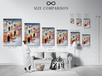 A size comparison chart displayed in an interior setting. The chart shows how the Figures on Books artwork fits in a room. Choose the perfect size for your stretched canvas print fine art poster paper or floating frame. Visualize your perfect academic decor.