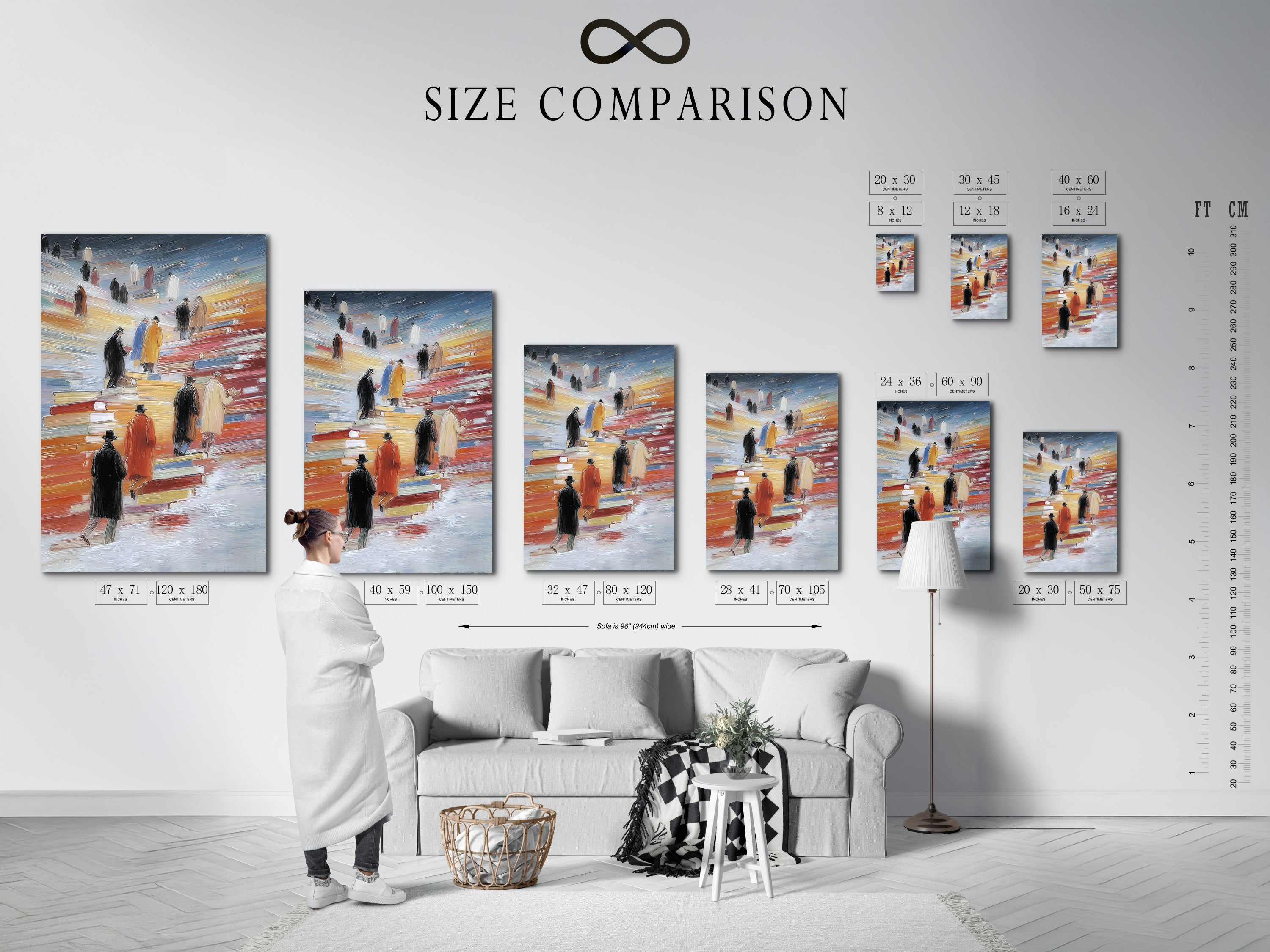 A size comparison chart displayed in an interior setting. The chart shows how the Figures on Books artwork fits in a room. Choose the perfect size for your stretched canvas print fine art poster paper or floating frame. Visualize your perfect academic decor.