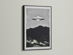 UFO Sci-Fi art print in a black frame. This alien artwork adds a bold statement to any wall. The primary color of this contemporary art is black. It is ideal for homeowners renters and interior designers.