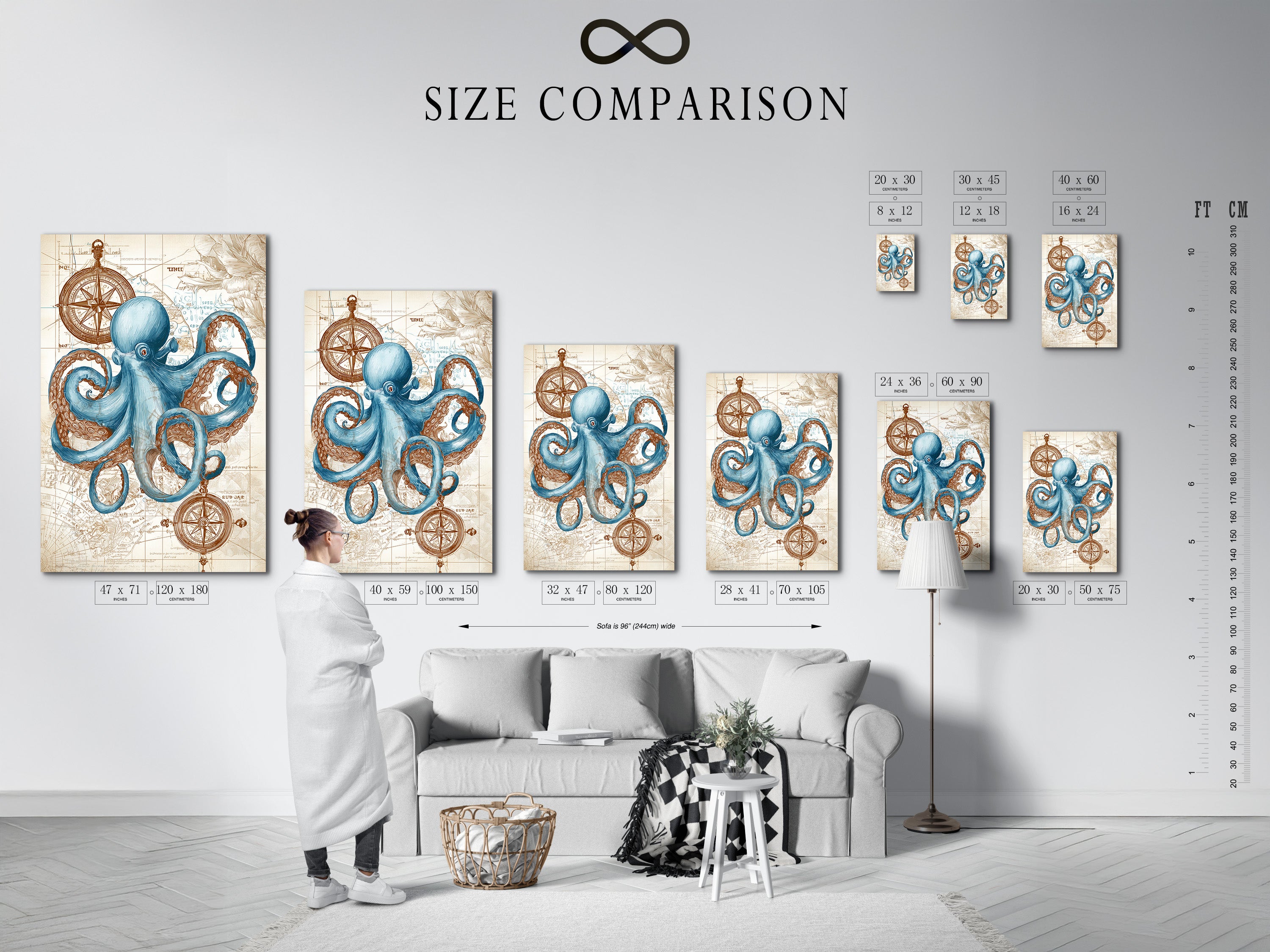 A size comparison chart is displayed in an interior setting. Various sizes of the octopus artwork are shown. This chart helps visualize the perfect fit for any space. Choose the ideal size to complement your decor. Perfect for planning your art arrangement and interior aesthetic
