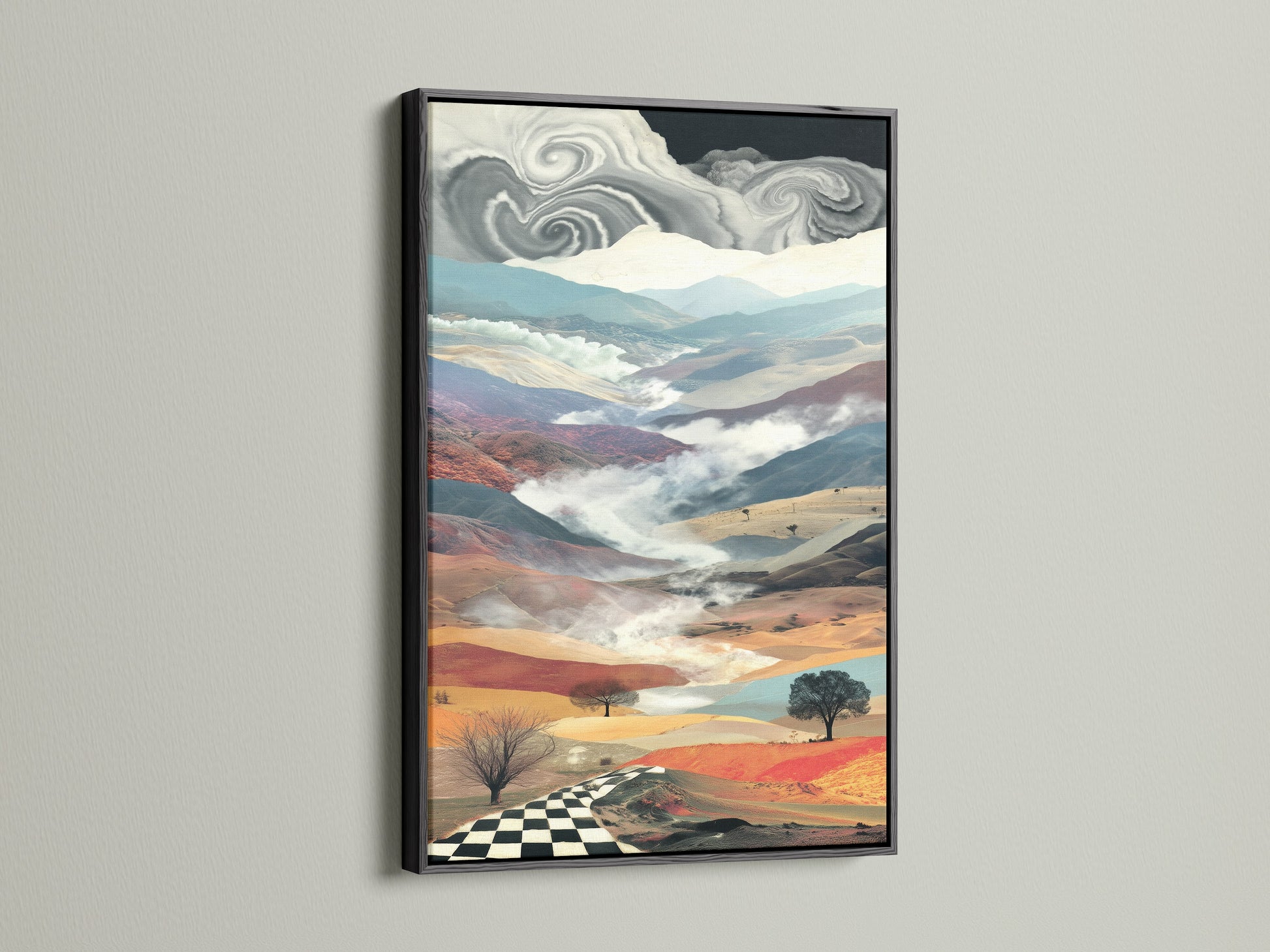 Black frame showcases a surreal landscape artwork. The art features dreamy mountains and a checkered path. Ideal for modern eclectic and transitional spaces. Elevate your living room bedroom or office decor today.