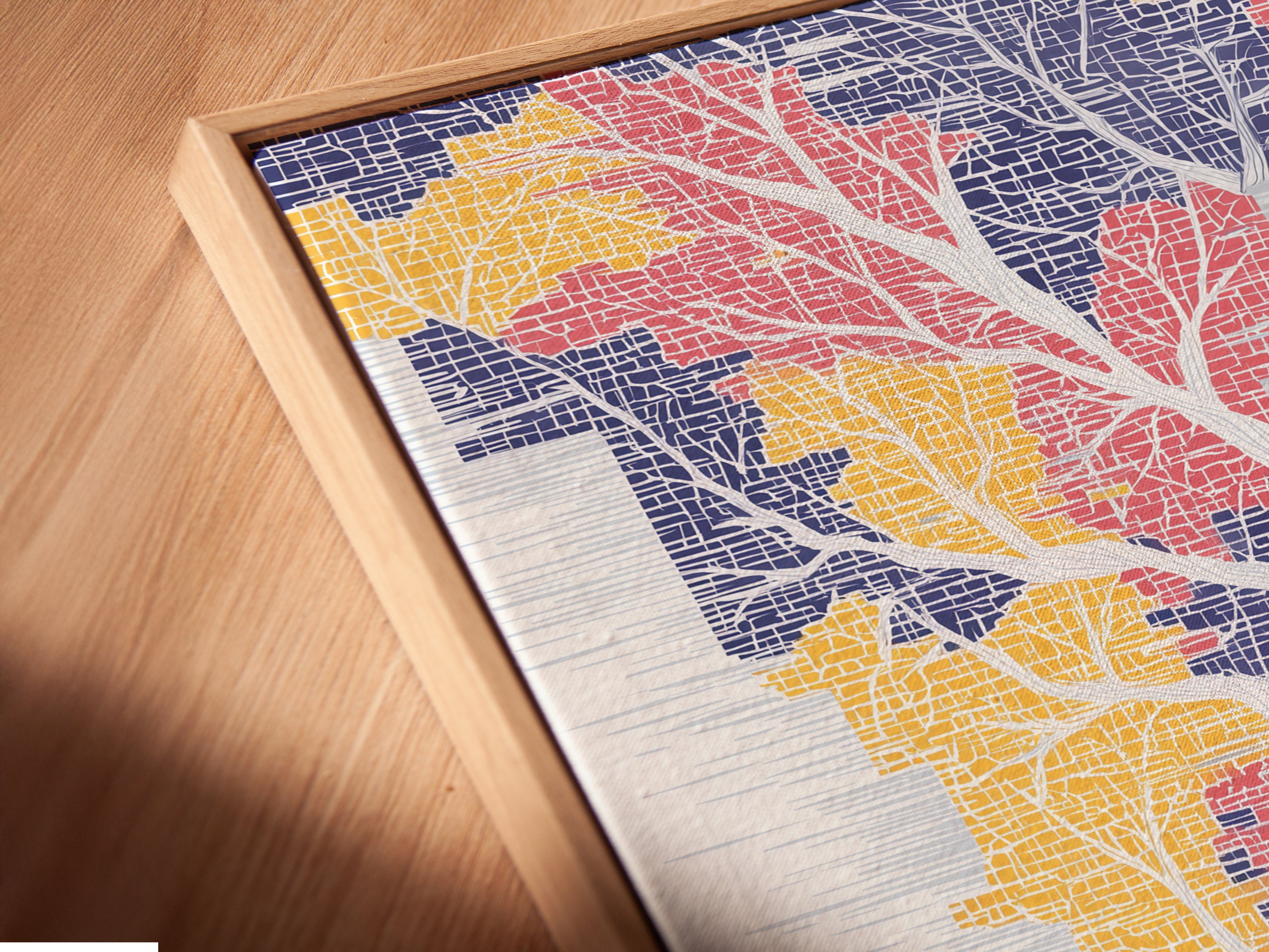 Angled close up of a Running Man canvas print in a floating frame. Experience modern abstract stairs wall art. This motivational artwork enhances office decor. Teal and orange colors add a vibrant touch to modern spaces.