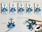 Available options for the Anchor artwork: stretched canvas print fine art poster paper and floating frame. Select your preferred format for this nautical wall art. Customize your blue ocean wave poster to match your style. Perfect for coastal decor and beach house interiors. Explore the possibilities for your seaside artwork