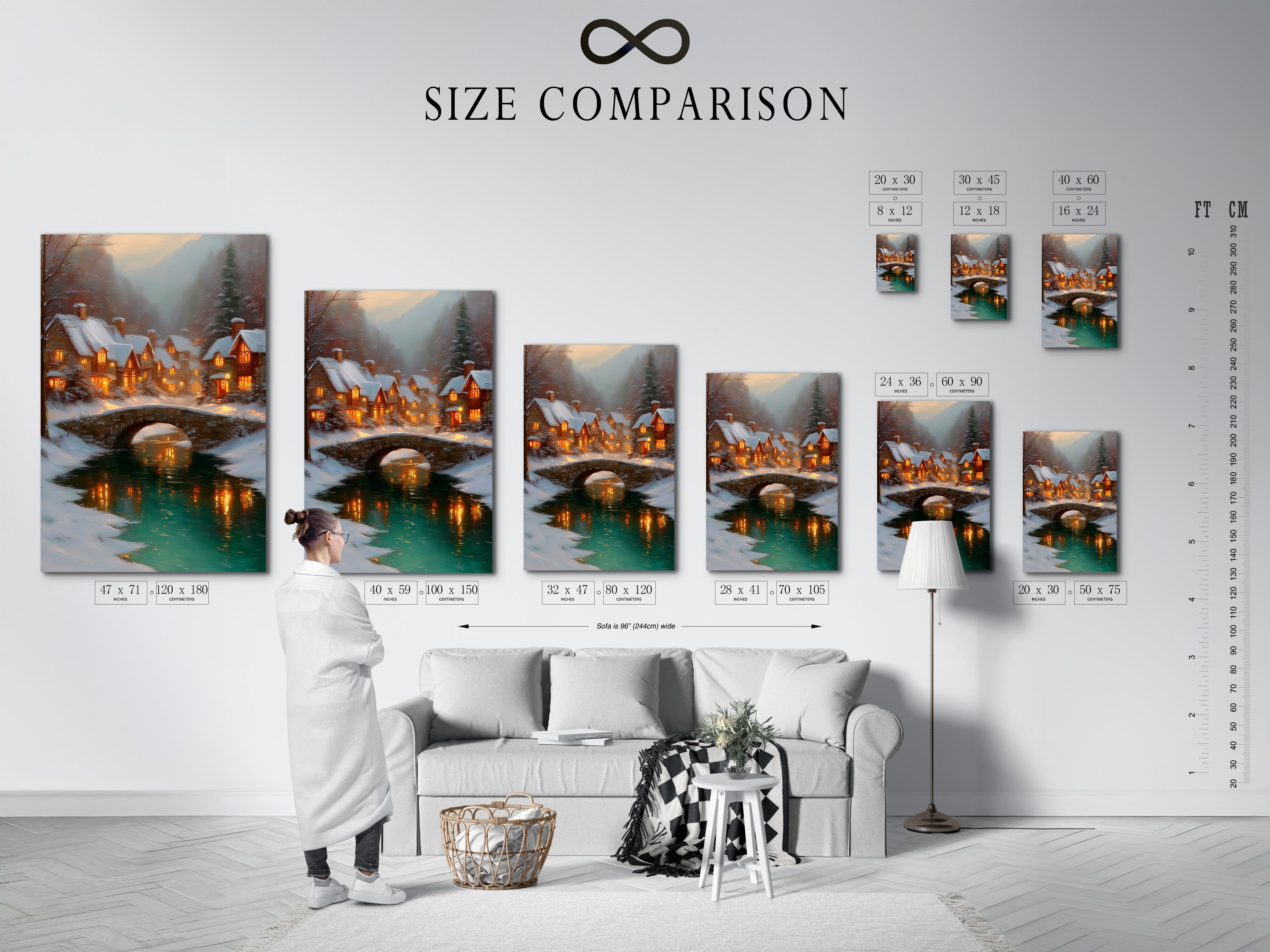 Size comparison chart in an interior setting featuring the Winter Village artwork. See how this snowy cottage print fits in your home. The Christmas wall art comes in various sizes. Perfect for holiday home decor and festive wall decor.