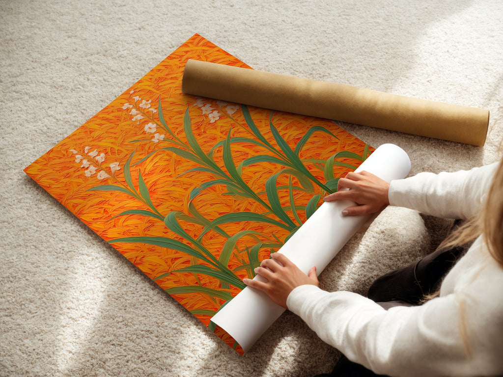 A woman is carefully rolling a fine art poster paper. The paper showcases a floral field artwork. Featuring an orange botanical theme. This modern plant artwork is ready for framing. Perfect for adding a touch of sophistication to any space. Ideal for living rooms bedrooms and offices.