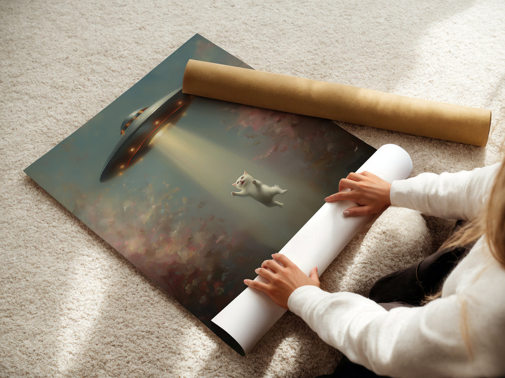 A woman rolling a fine art poster paper. The poster paper is used for high-quality art prints. This ensures your UFO Cat art looks stunning and lasts long. Perfect for framing.