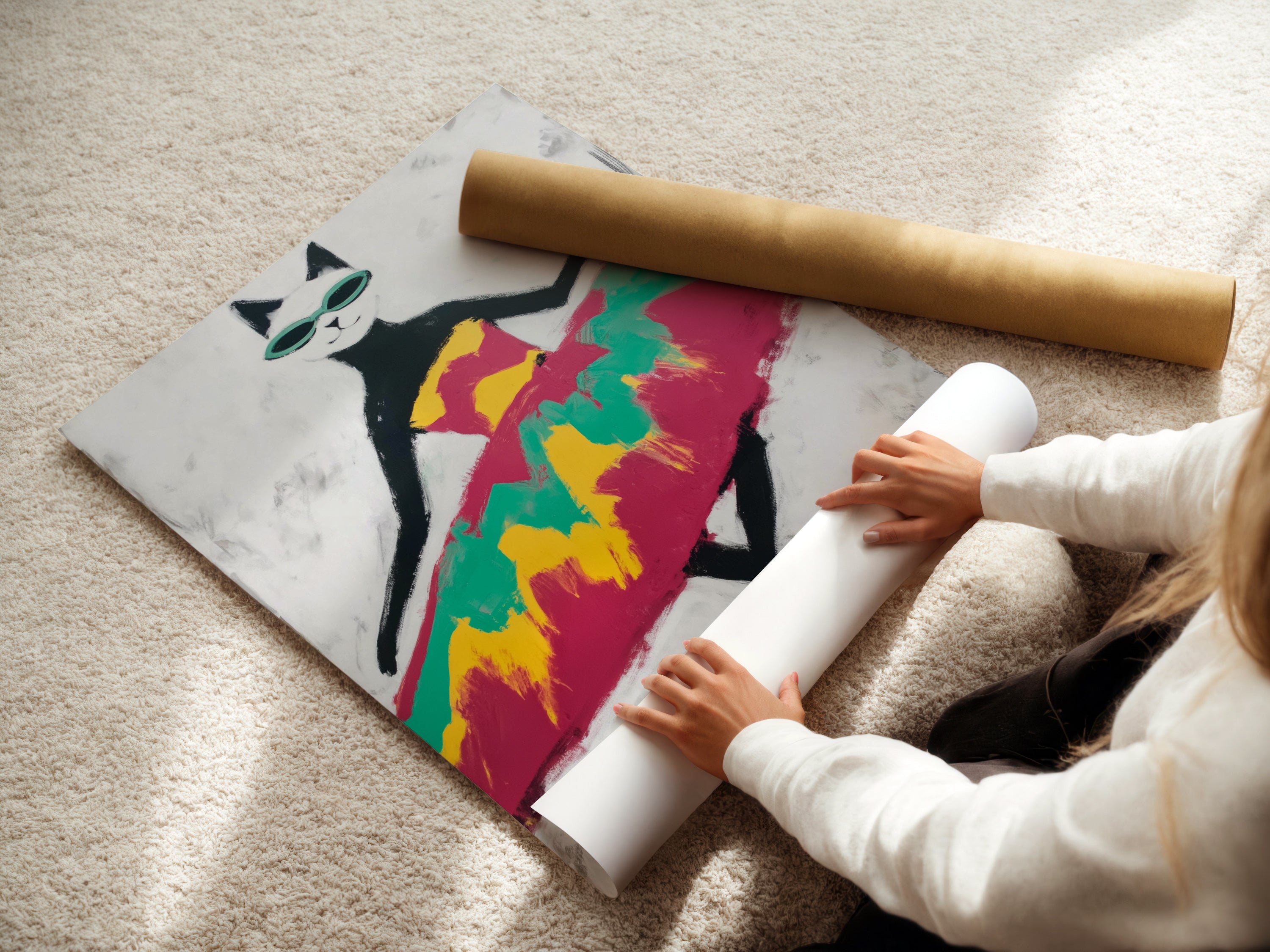 A woman is carefully rolling a fine art poster paper. The Cool Cat Art Print is being prepared. This ensures high-quality retro sunglasses wall art. The colorful abstract animal canvas is ready for framing. Order yours today.