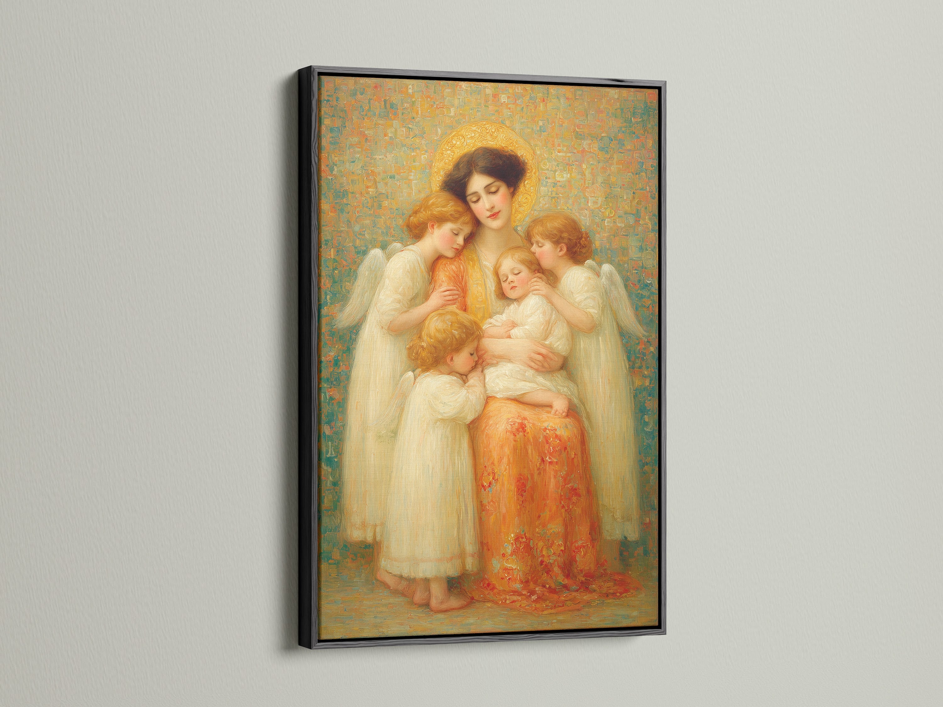Here the Madonna & Child Renaissance Angel Wall Art is in a black frame. This christian wall art suits various home styles. Enhance your nursery bedroom decor with this vintage religious print. The mother child art adds a classic touch. A sacred art option.